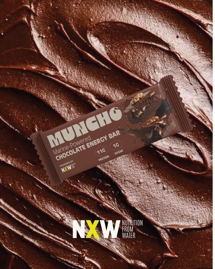Chocolate protein bar with a background of melted chocolate.