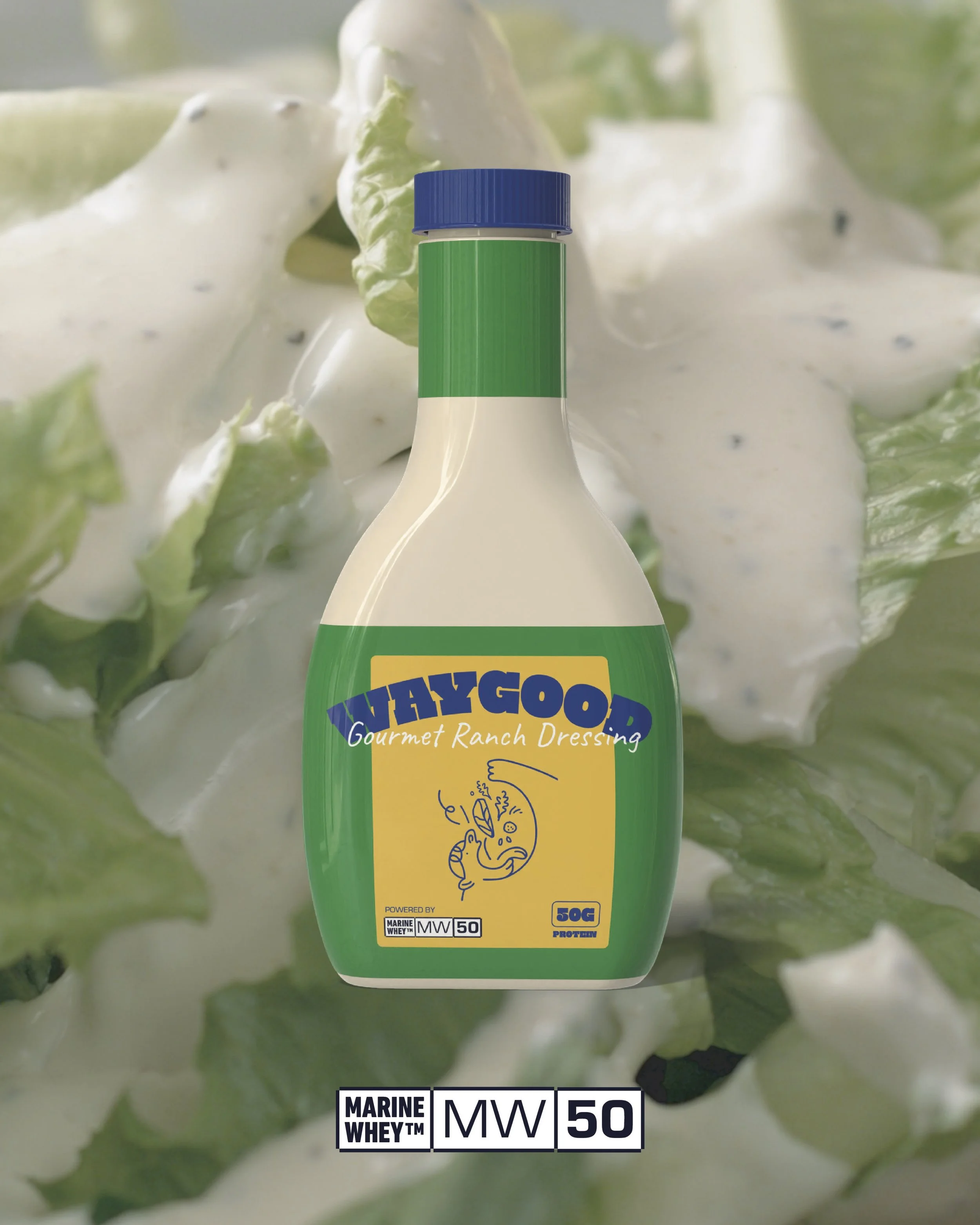 A bottle of WayGood Gourmet Ranch Dressing with a background of chopped lettuce and dressing.