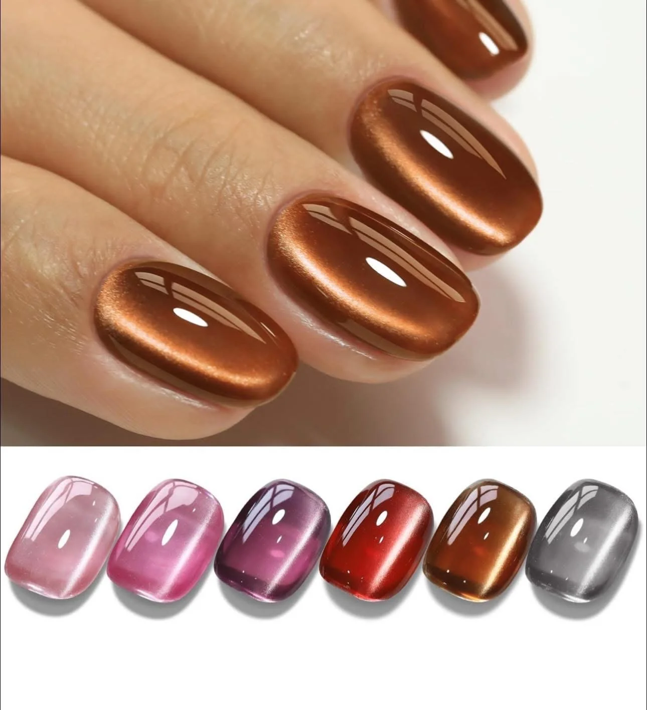 Close-up of manicured nails with shiny bronze nail polish. Below, a row of synthetic nails in various colors including pink, purple, red, bronze, and silver.