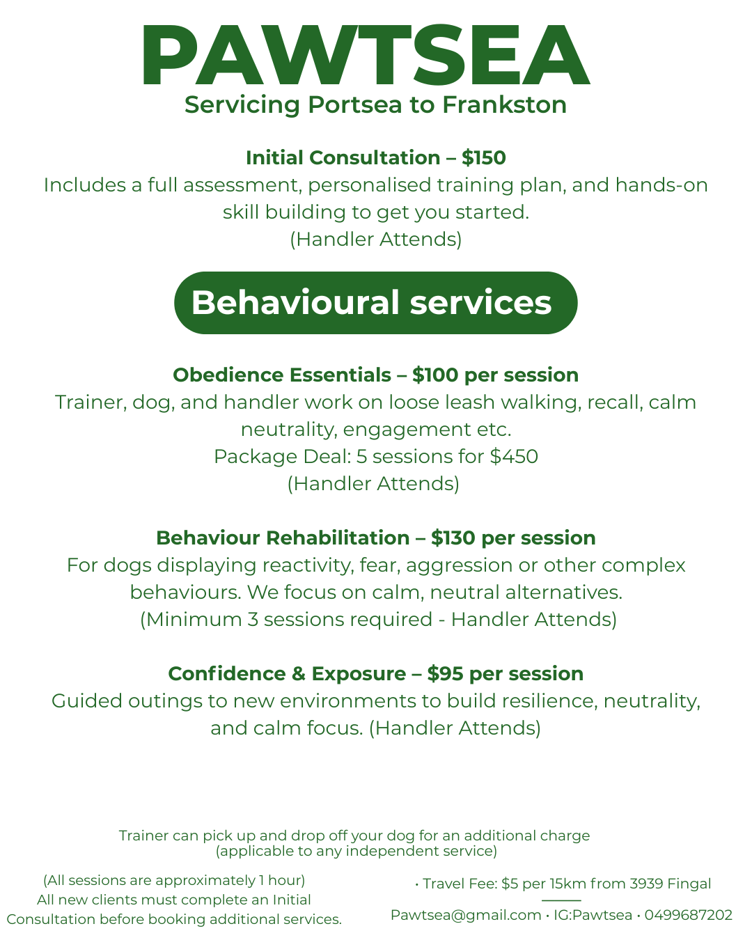 Flyer for Pawtsea dog training and behavioral services listing prices and services including initial consultation, obedience, behavior rehabilitation, and confidence building, with contact information at the bottom.