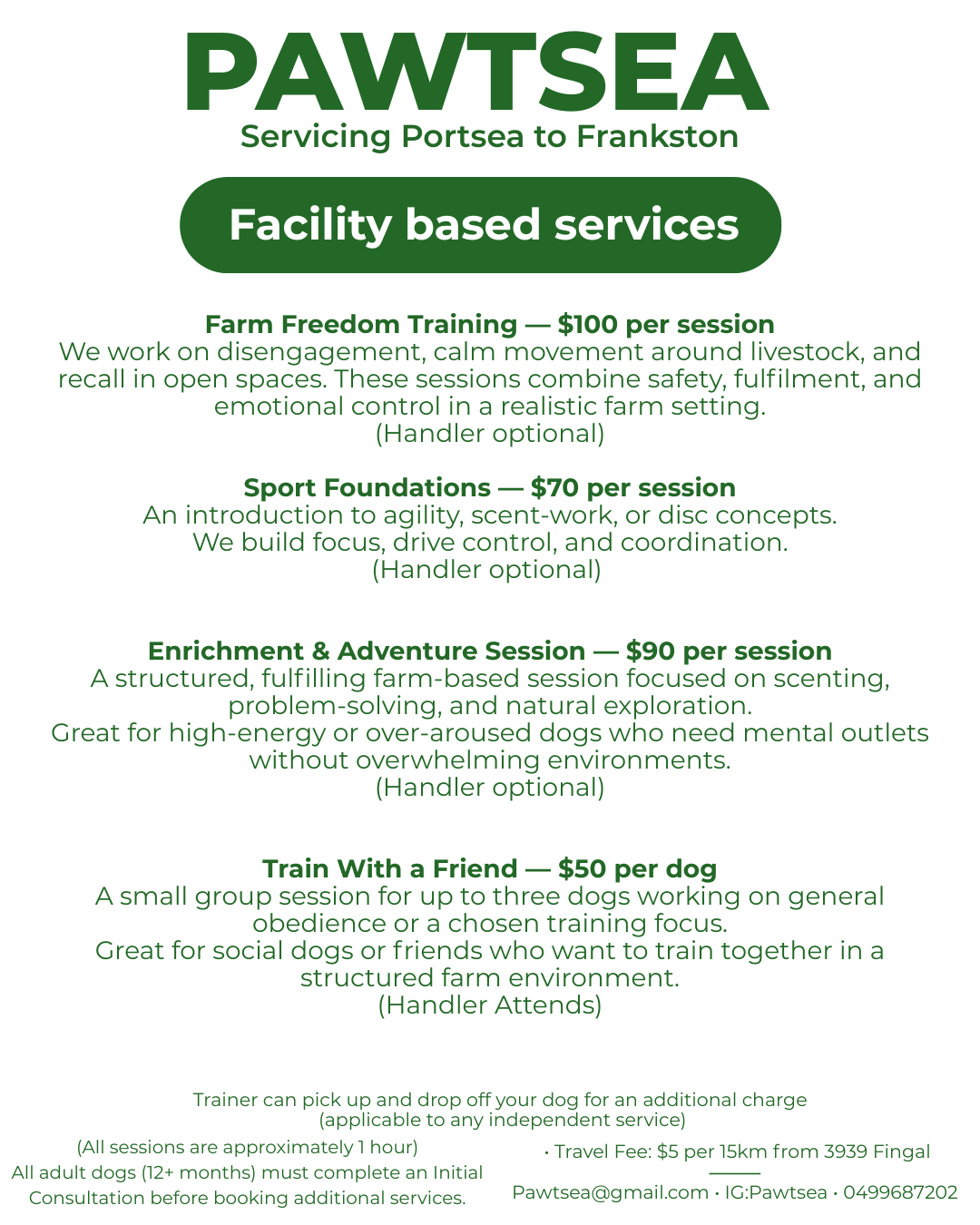 A flyer for Pawtsea offering farm-based services including training, sport foundations, enrichment sessions, and dog training, with prices and contact information.