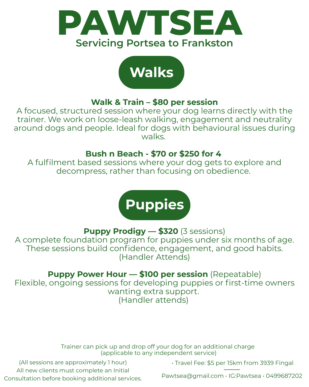 Flyer for Pawtsea dog training and walking services, listing options for walks and puppy training sessions.