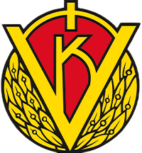 Fotbollsklubbens emblem med en gul och svart färgpalett, ett stort V och en sköld med en korsförsedd cirkel och laurbärblad.