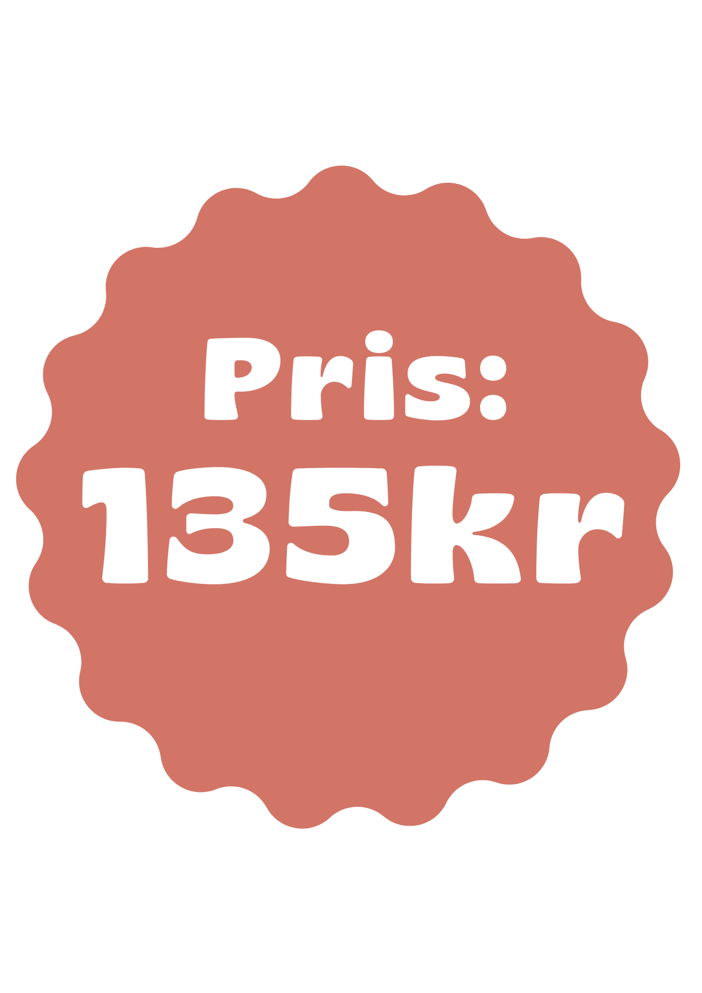 En schematisk prisetikett med texten "Pris: 135kr" på en brunslät bakgrund.