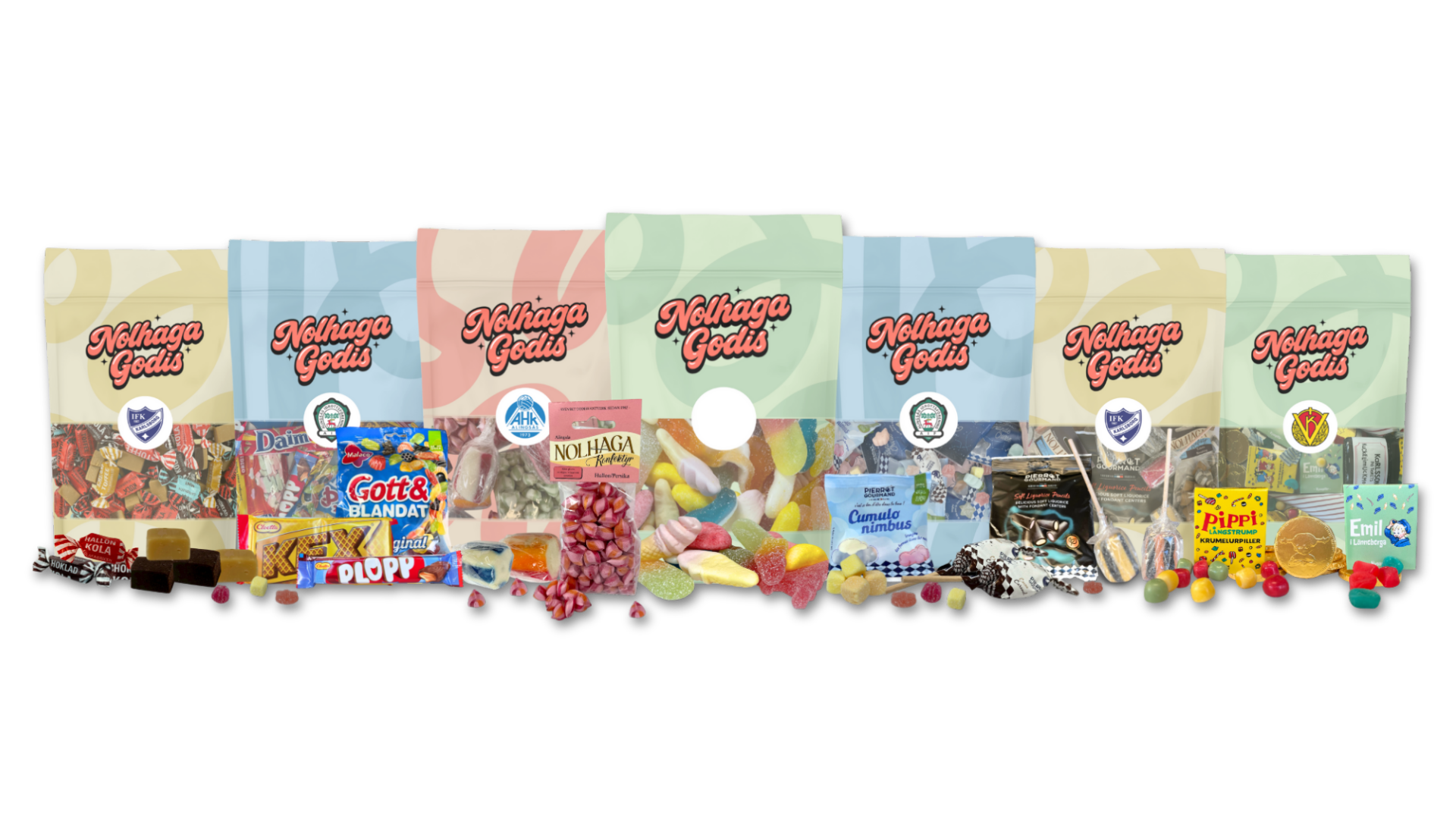 Flera påsar godis från märket Nolhaga Godis, med olika sorters godisbitar och förpackningar av godis framför.