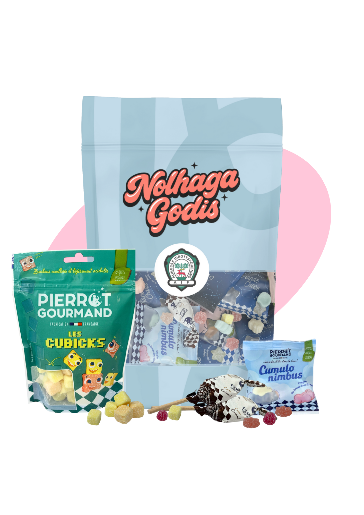 Bild av en påse Nilhaga Godis, samt tre mindre godispåsar med olika smaker, alla fyllda med olika sorters godis och karameller.