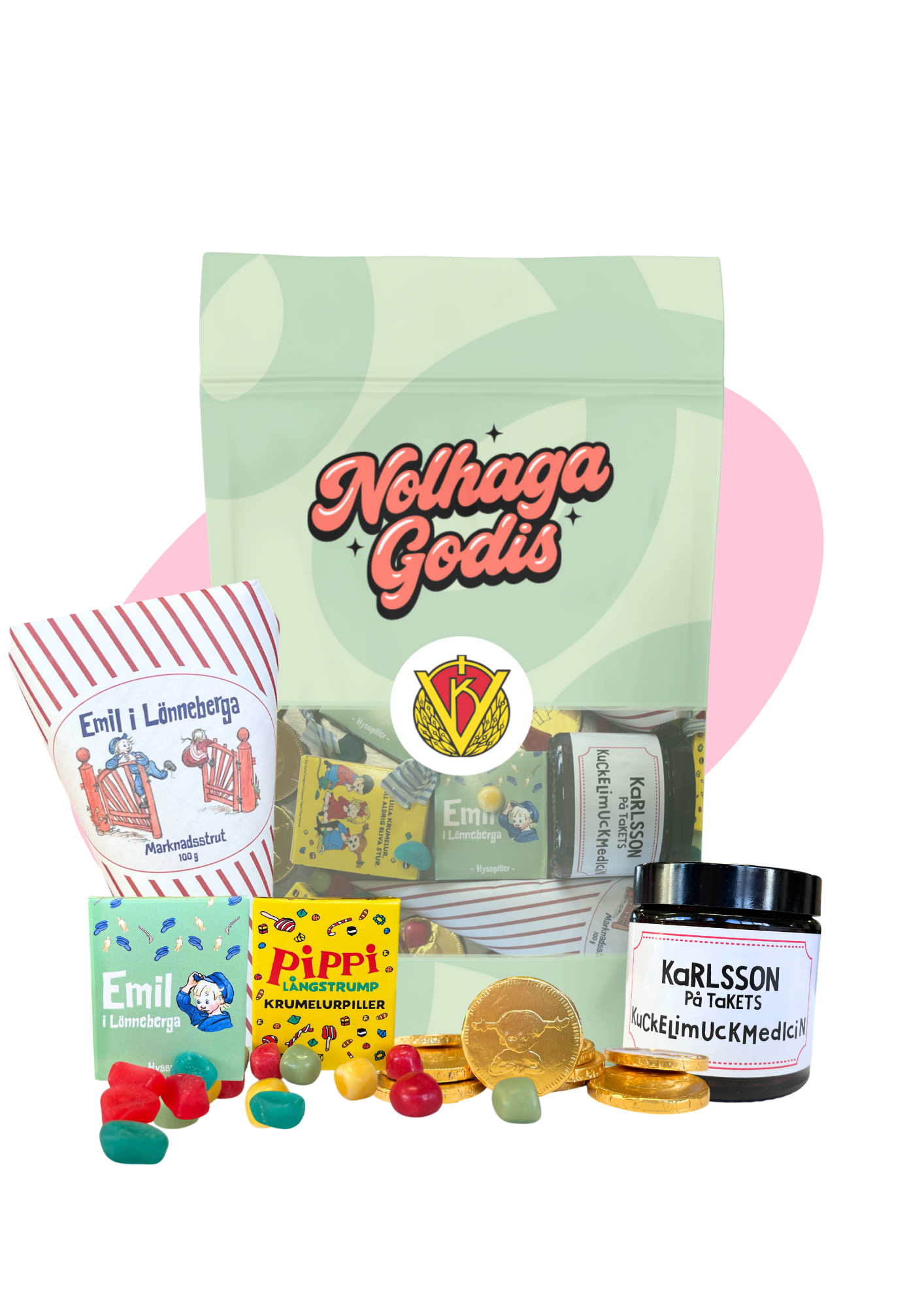 En samling godis och småleksaker, inklusive en godispåse med texten "Nolhaga Godis", en korg med godis, ett paket med Emil i Lönneberga-godis, en burk med texten "Karlsson på Takets KuckleMuckMedicin", ett Pippi Långstrump-kort, samt några godisbitar och guldmynt.