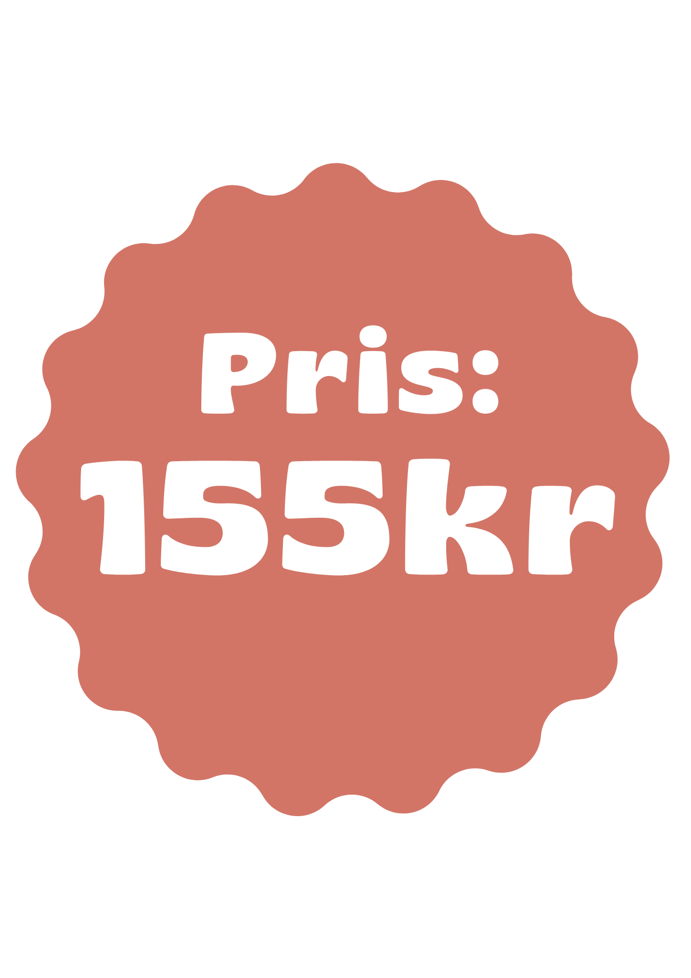 En rund etikett med texten Pris: 155kr i vitt, på en rosa bakgrund.
