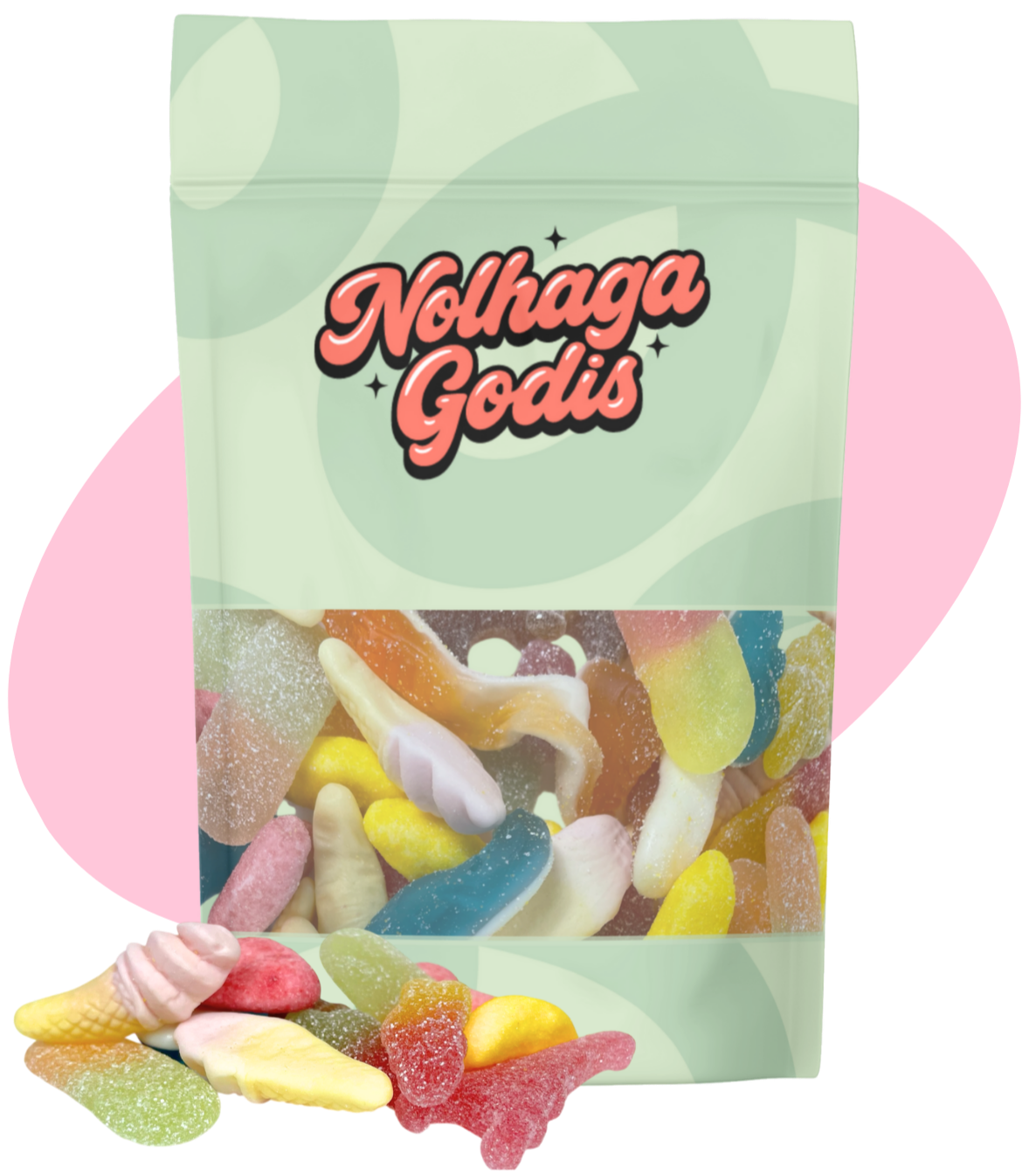 Godispåse med lösgodis framför, innehåller en blandning av färgglada och sockrade lösgodis