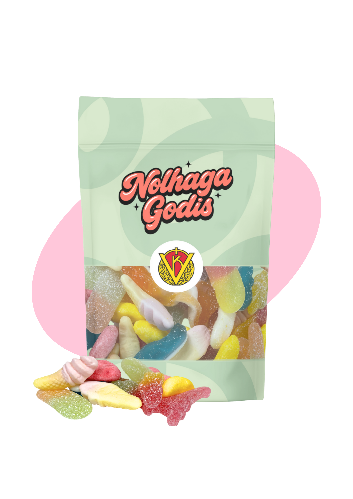 Påsen med Nøhaga Godis fylld med olika färgglada godisbitar, inklusive sockrade, fruktiga och geléliknande godisar.