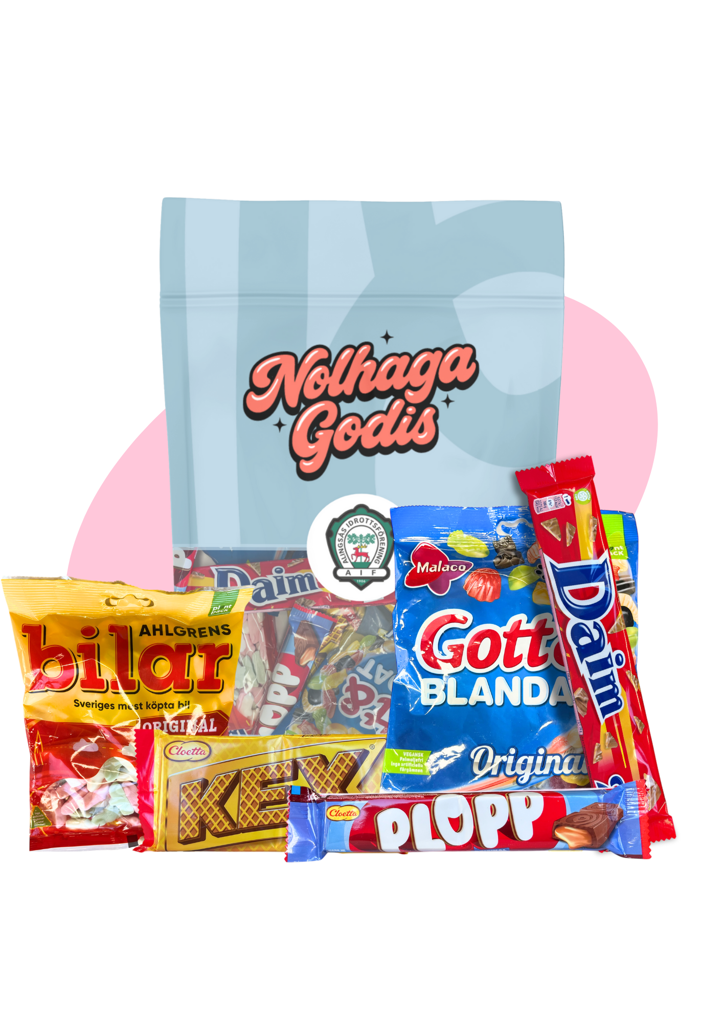 En påse med godisar och en låda med godispåsar märkta 'Nohaga Godis' i bakgrunden.