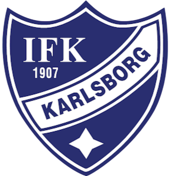 Fotbollsspelarglädje i blått och vitt med texten 'IFK Karlskborg' och '1907' på en klubblogo.