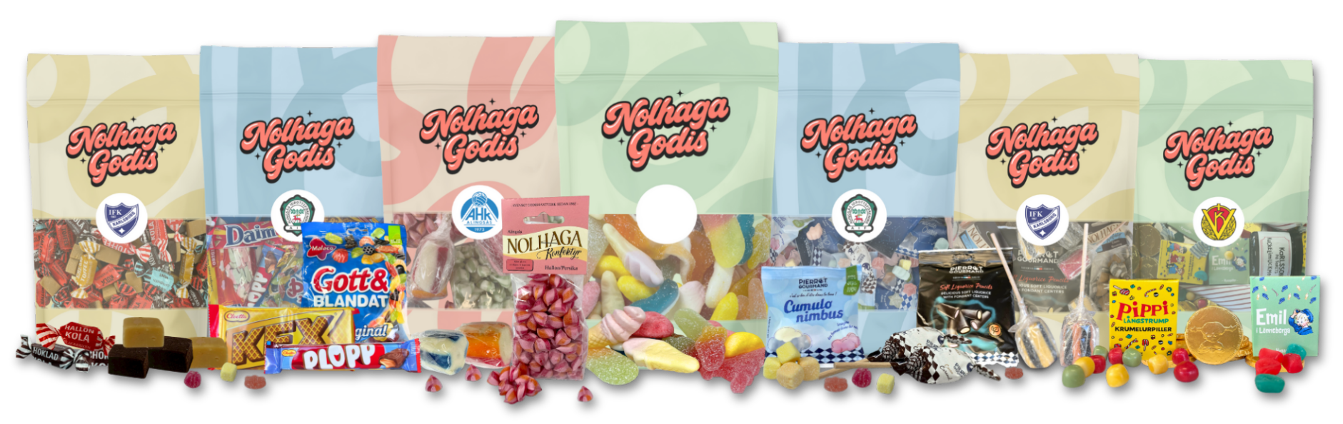 Bild av flera godispåsar med godis framför. Från vänster: olika godispåsar och godisbitar i förpackningar av märken som Nolhaga Godis, Gott & Blandat, Plopp, Daim, Bilar, Pippi, Emil i Lönneberga