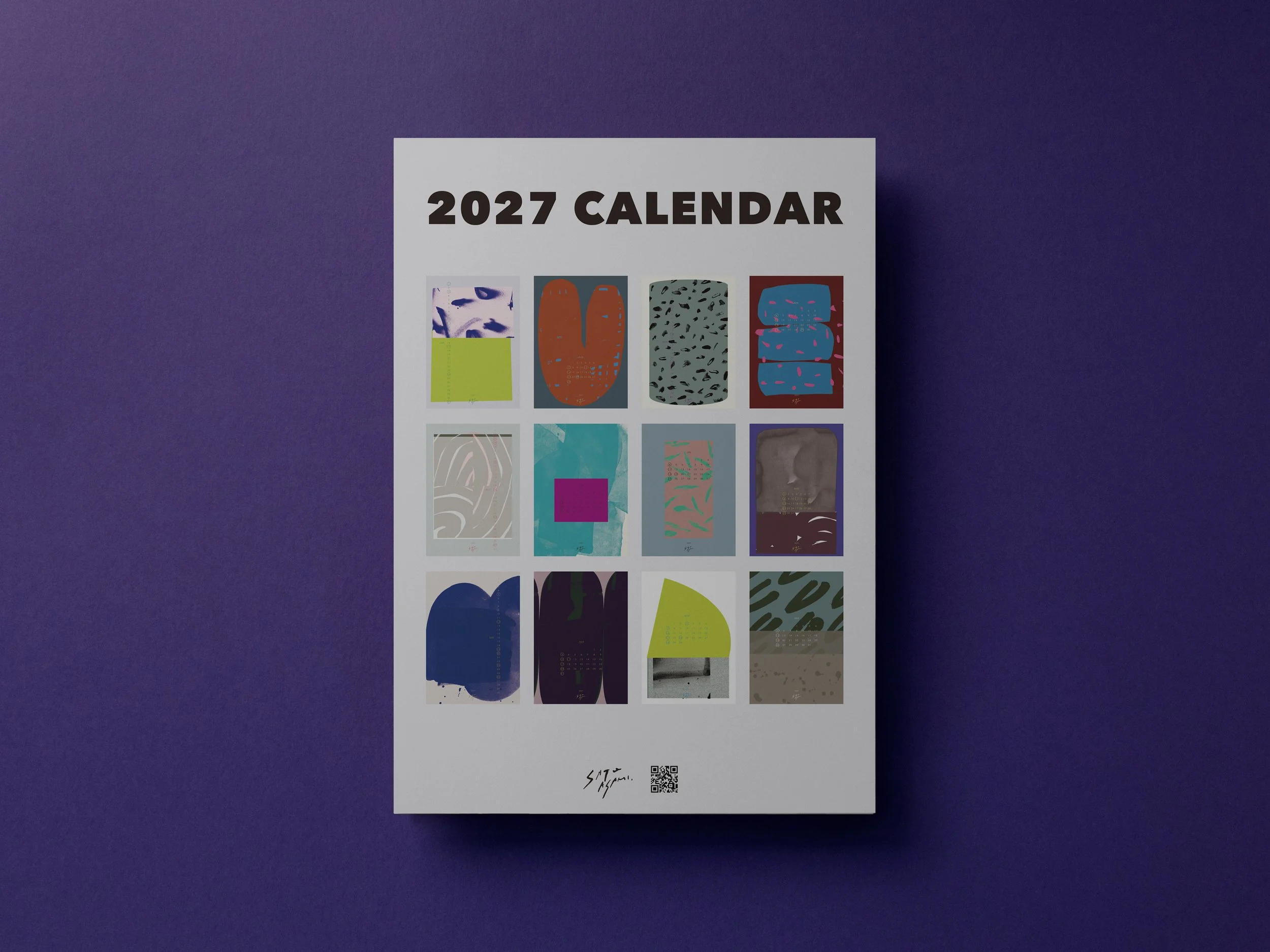 サトウアサミが制作した2027年オリジナルカレンダーの全12ヶ月一覧。抽象画、ドローイング、パターンデザインを組み合わせた12種類のアートワーク。