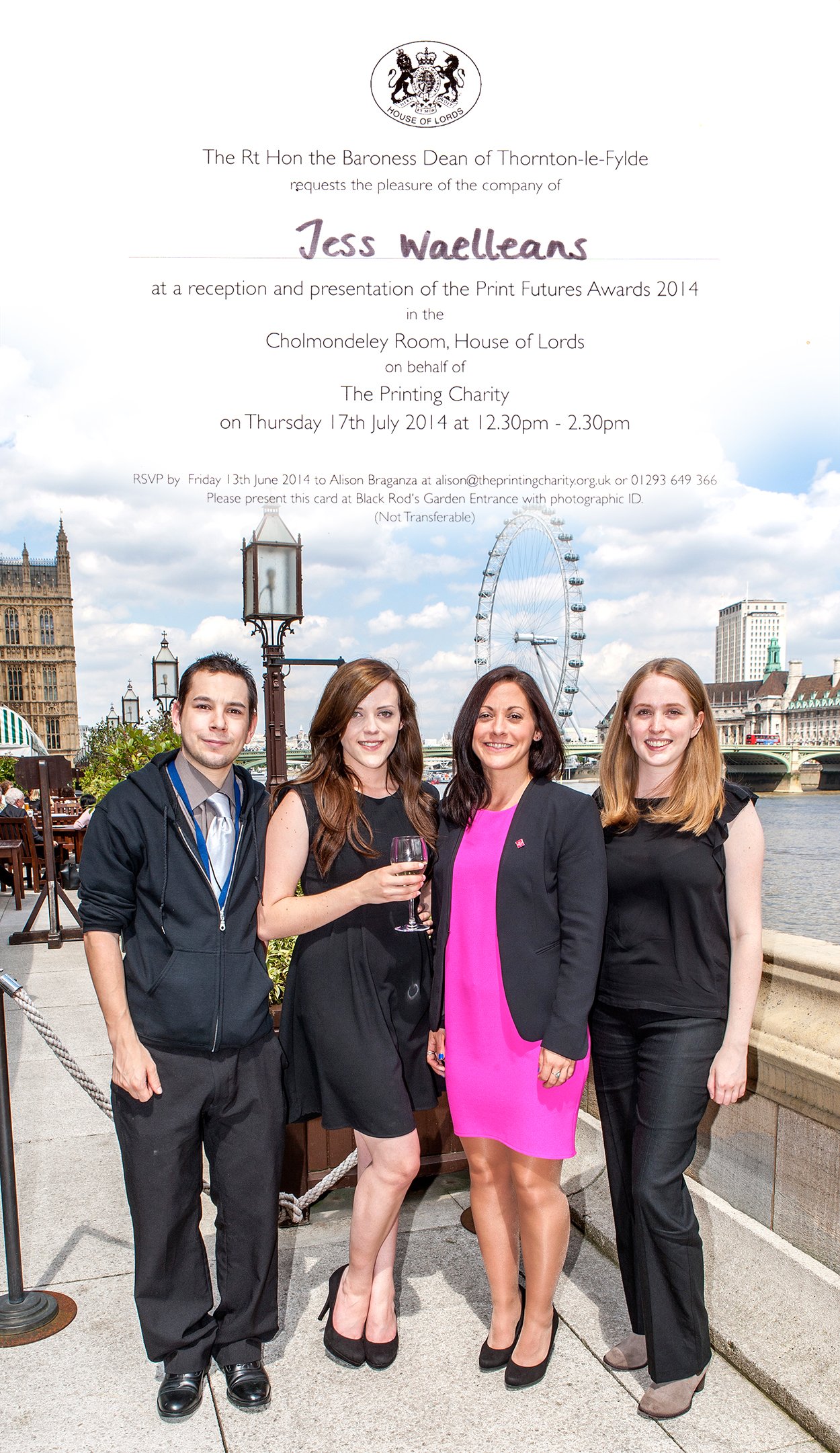 Group of four people standing outdoors near River Thames, with London Eye ferris wheel in background, attending a formal event or celebration.