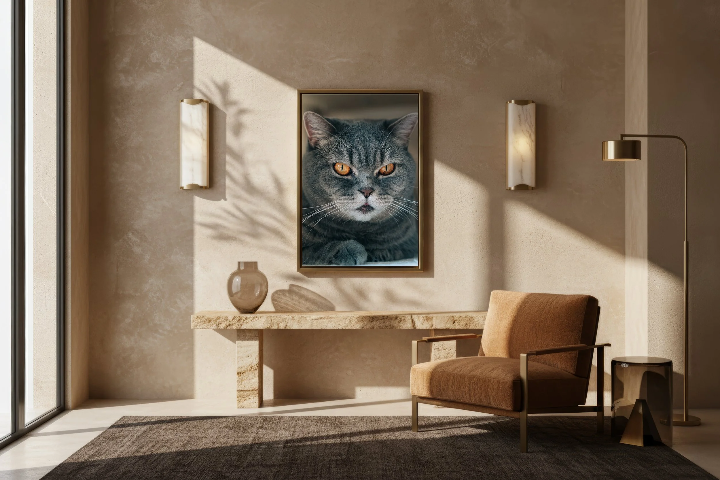 Framed wall art panel pictured gray British cat with golden eyes