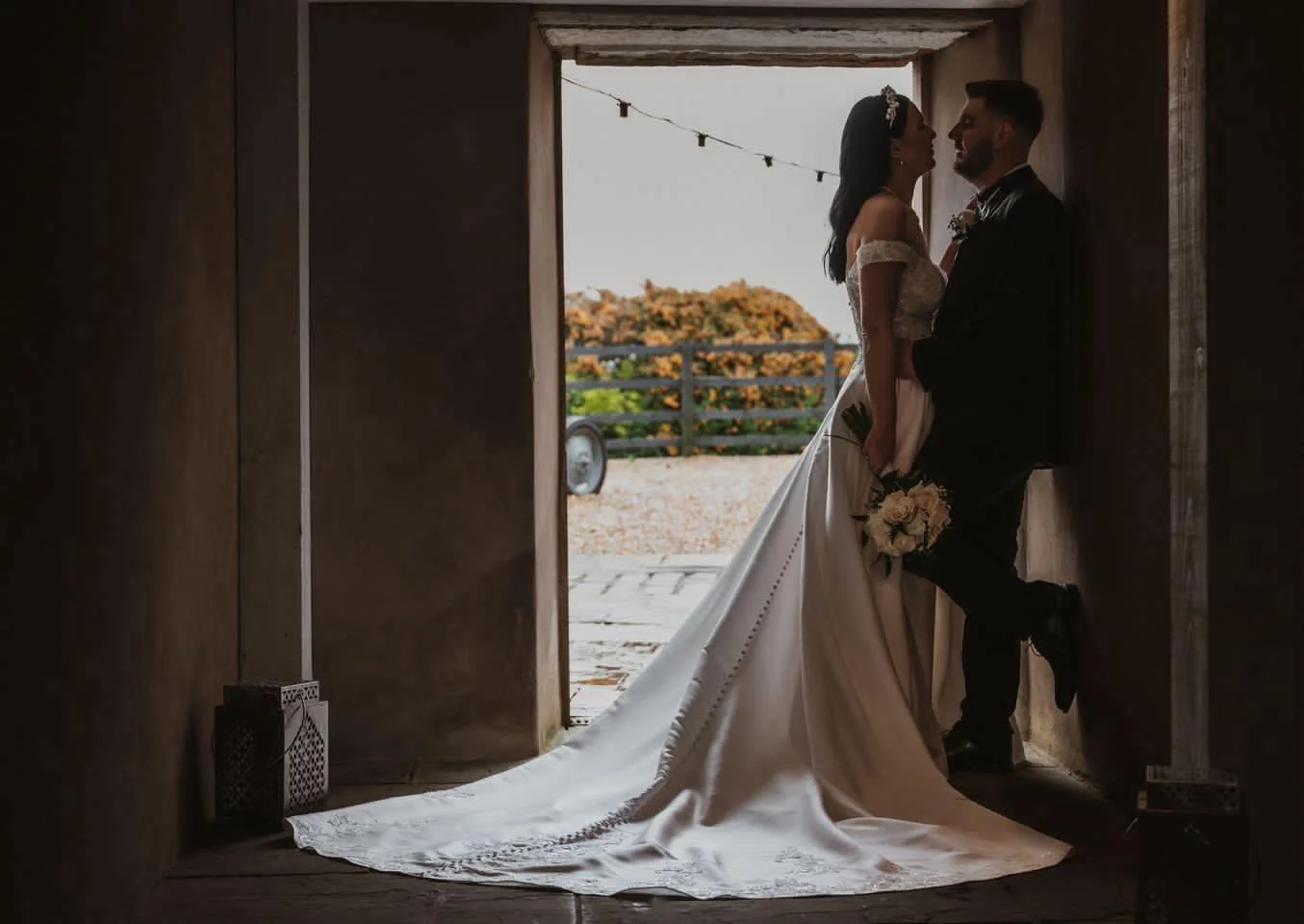 A bride and groom are silhouetted in a doorway, about to kiss, with a scenic outdoor background and wedding attire.