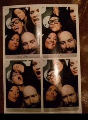 Four photo booth pictures with three women and two men making funny faces and smiling.