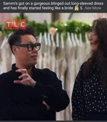 Sammi and another woman talking at a social gathering, with a blurred garden background and string lights.