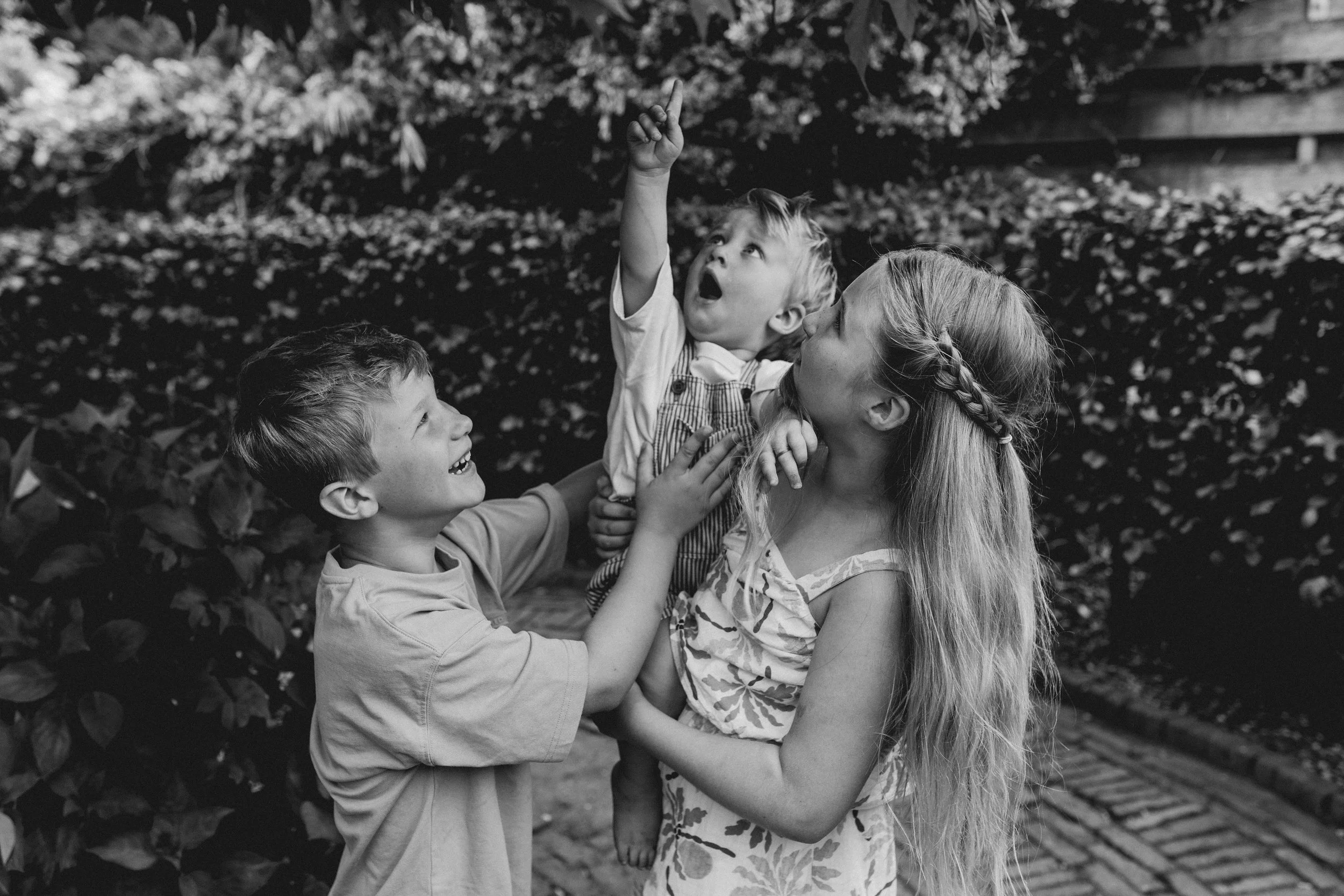 Twee bonuskinderen en een peuter worden vrolijk buiten vastgelegd in hun samengestelde gezin, ze lachen en spelen met elkaar in een tuin met planten