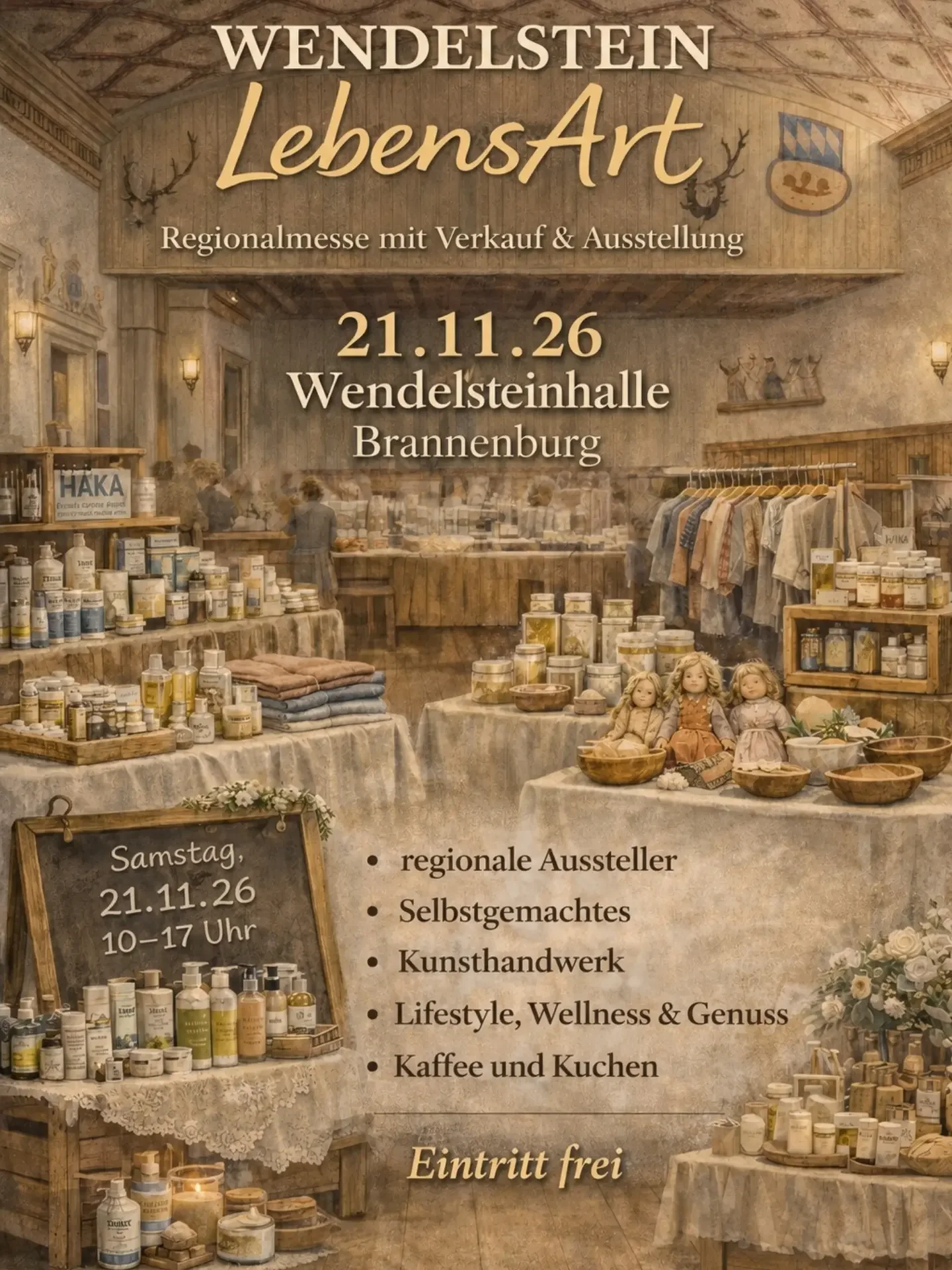 Einladendes Plakat für die Wendelstein LebensArt Messe im Jahr 2026 in der Wendelsteinhalle Brannenburg. Das Bild zeigt einen rustikal dekorierten Verkaufsstand mit handgemachten Produkten, Pflege- und Kosmetikartikeln sowie Puppen, alles in einem gemütlichen, farmähnlichen Ambiente mit antiken Gegenständen und Holzregalen.