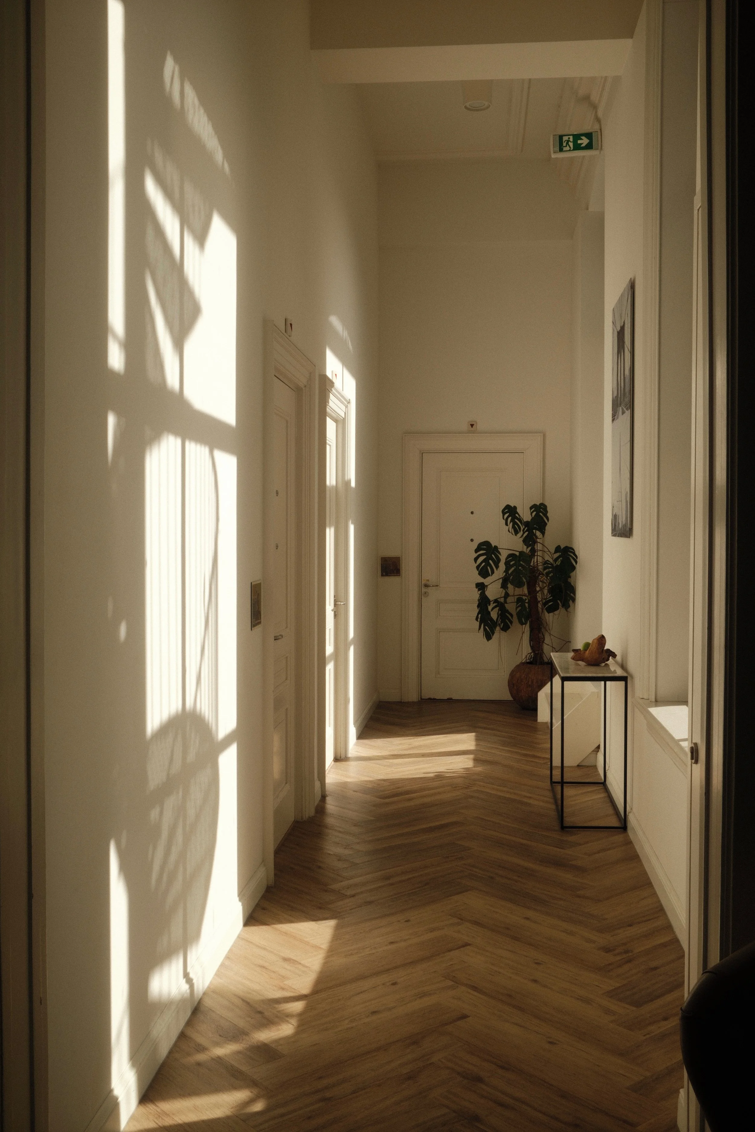 Minimalist hallway with natural light, wooden floors, and modern decor at Suite Hotel Pincoffs Rotterdam