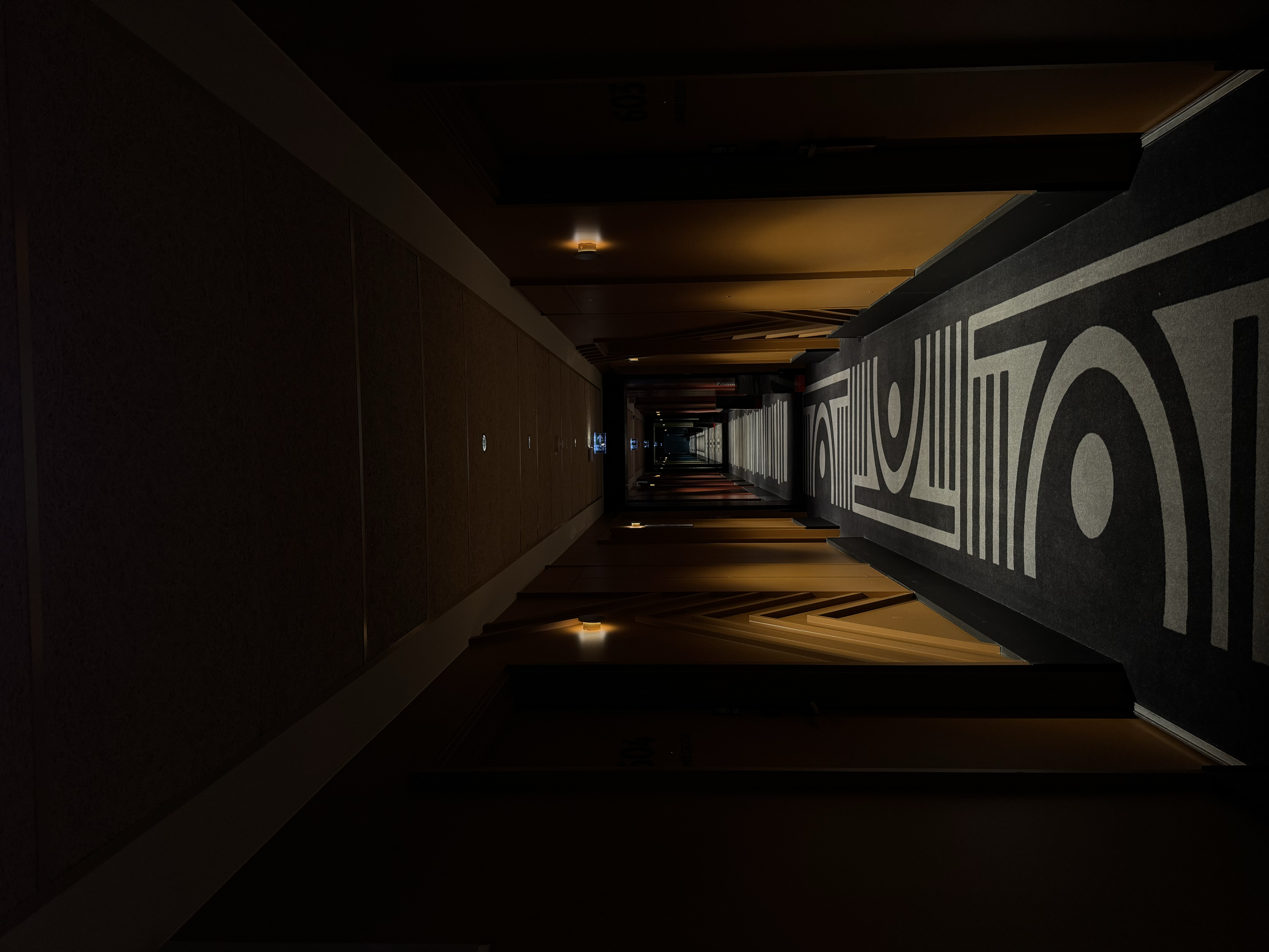 Dimly lit hallway with graphic carpet design and symmetrical doors creating a modern atmosphere, Novotel Paris Porte de Versailles – Paris, France.