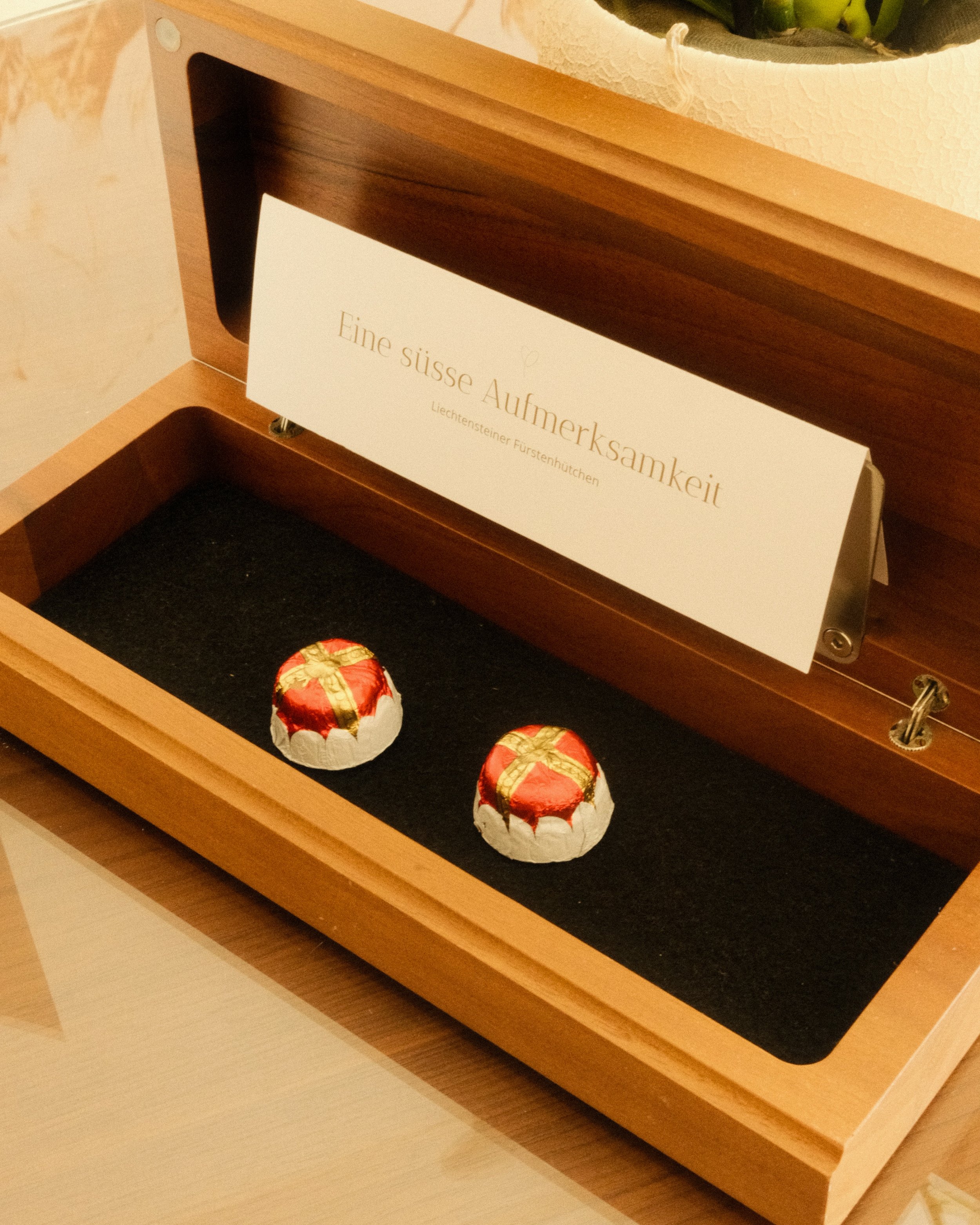 Welcome chocolates presented in a handcrafted wooden gift box
