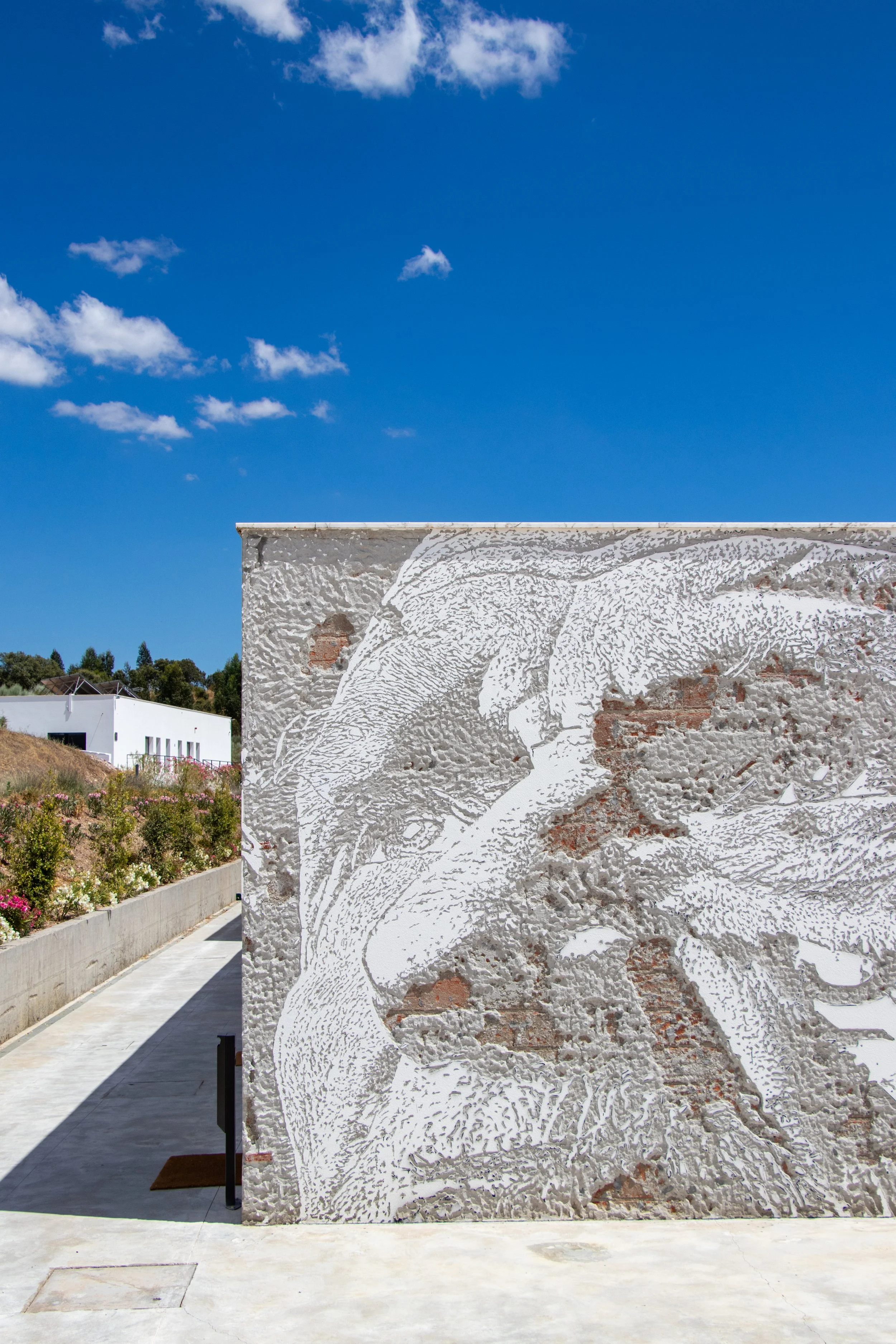 Textured artistic mural carved into a whitewashed exterior wall, blending contemporary design with traditional rural architecture, Land of Alandroal – Alandroal, Portugal.