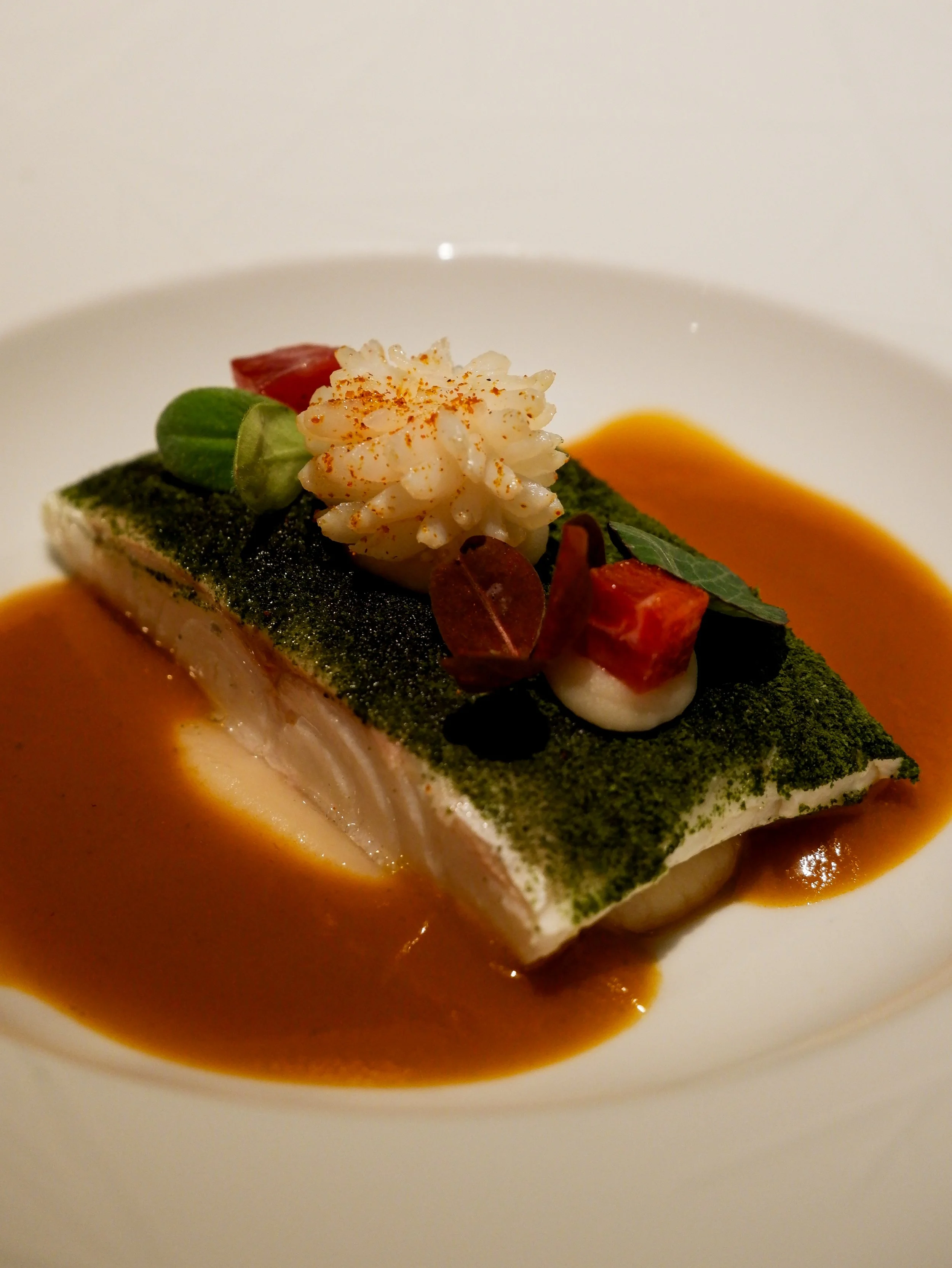 Fine dining dish featuring delicate fish with herbs and rich sauce, showcasing contemporary Portuguese cuisine, Octant Douro – Castelo de Paiva, Portugal.