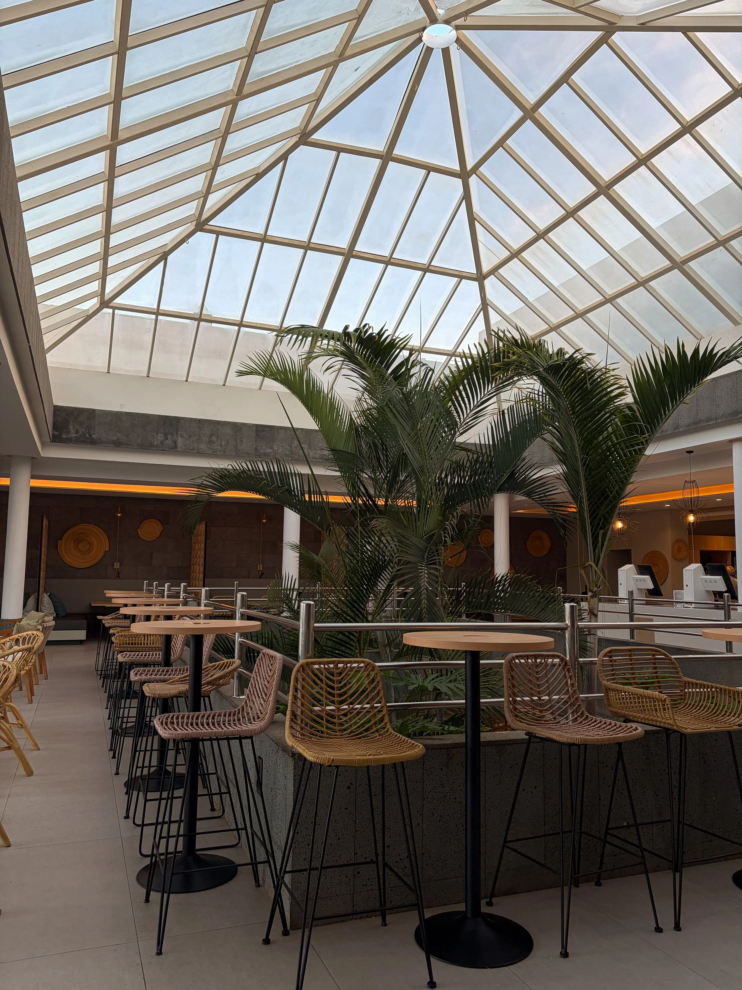 Bright indoor lounge with a glass skylight, tropical plants, woven chairs, and contemporary seating areas