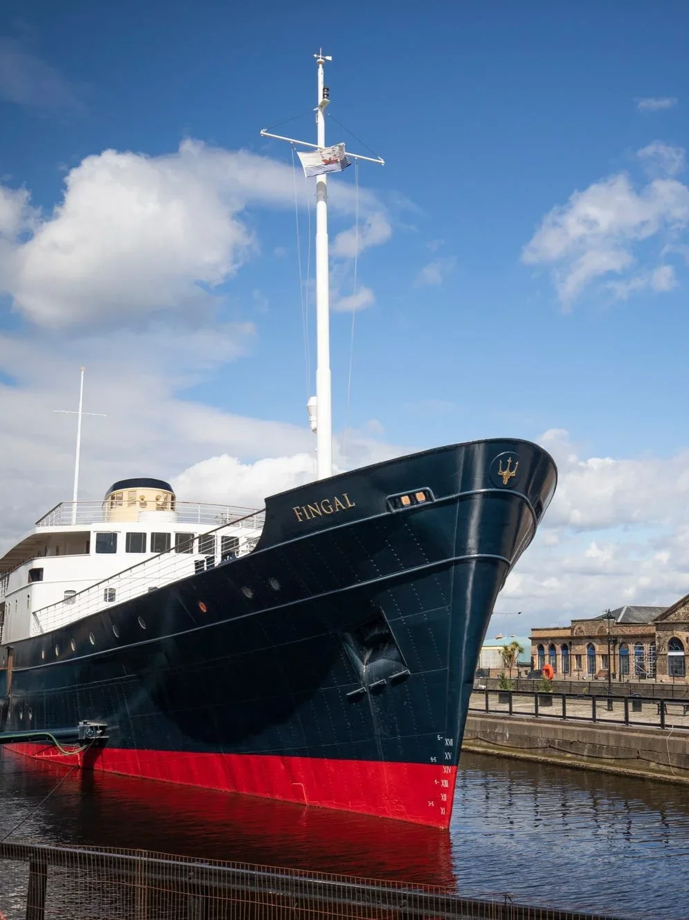 Luxury floating hotel Fingal docked at Edinburgh’s historic waterfront