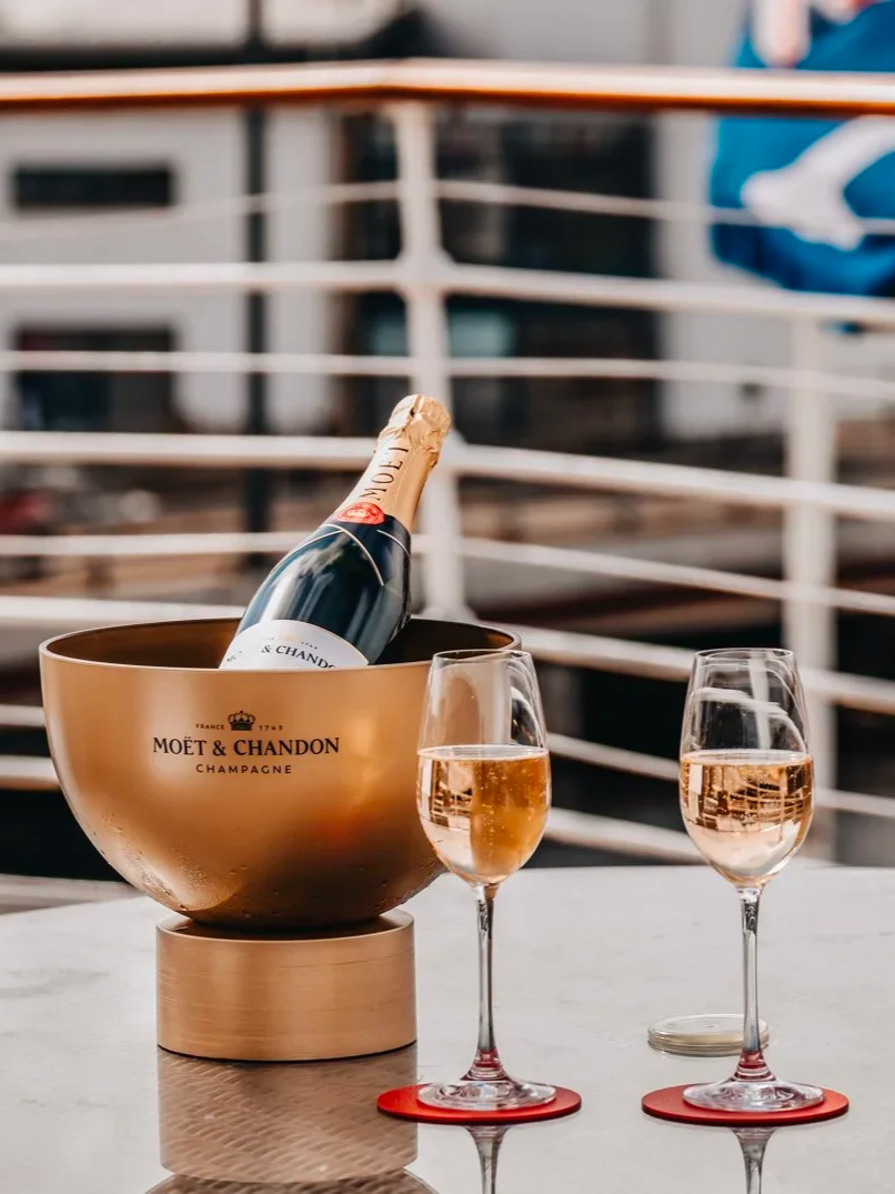 Luxury champagne served on Fingal Hotel’s outdoor deck overlooking Edinburgh’s historic waterfront
