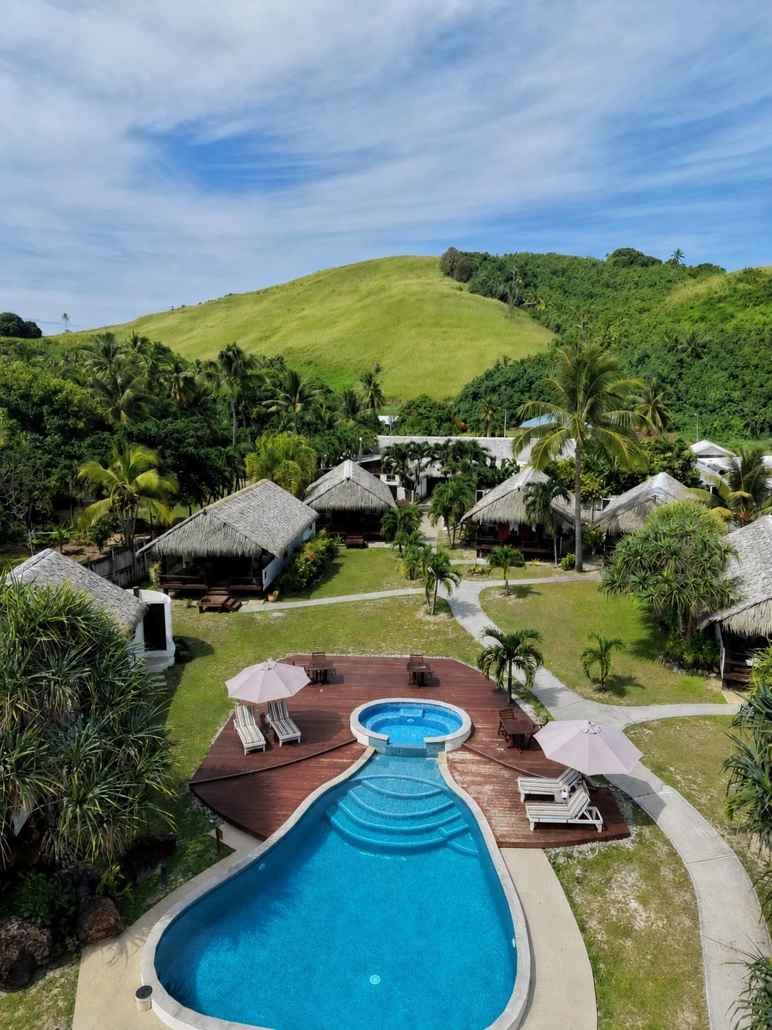 Aerial view of Tamanu Beach Resort surrounded by tropical greenery in Aitutaki, Cook Islands