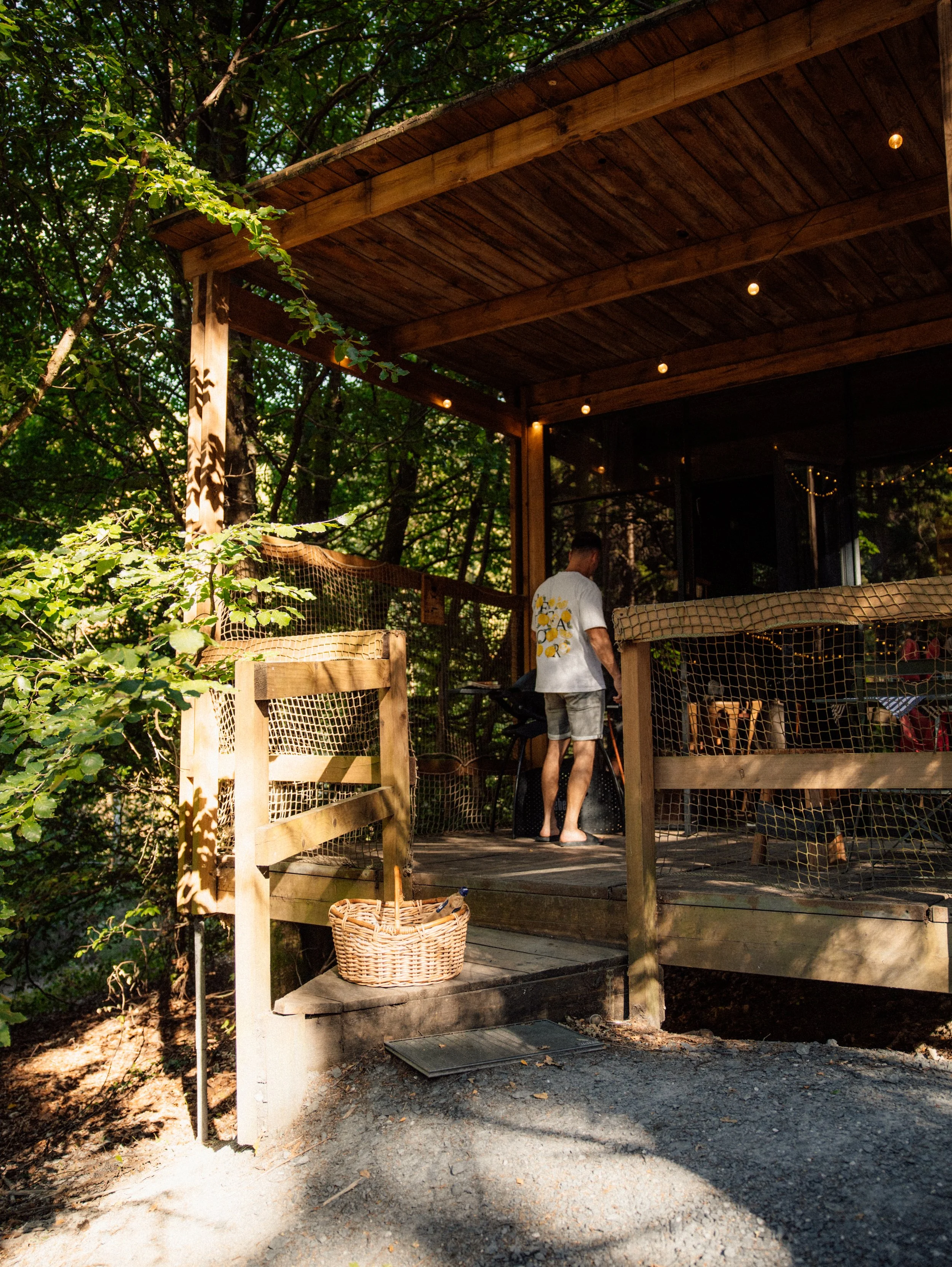 Welcoming cabin entrance with spacious outdoor terrace immersed in the forest
