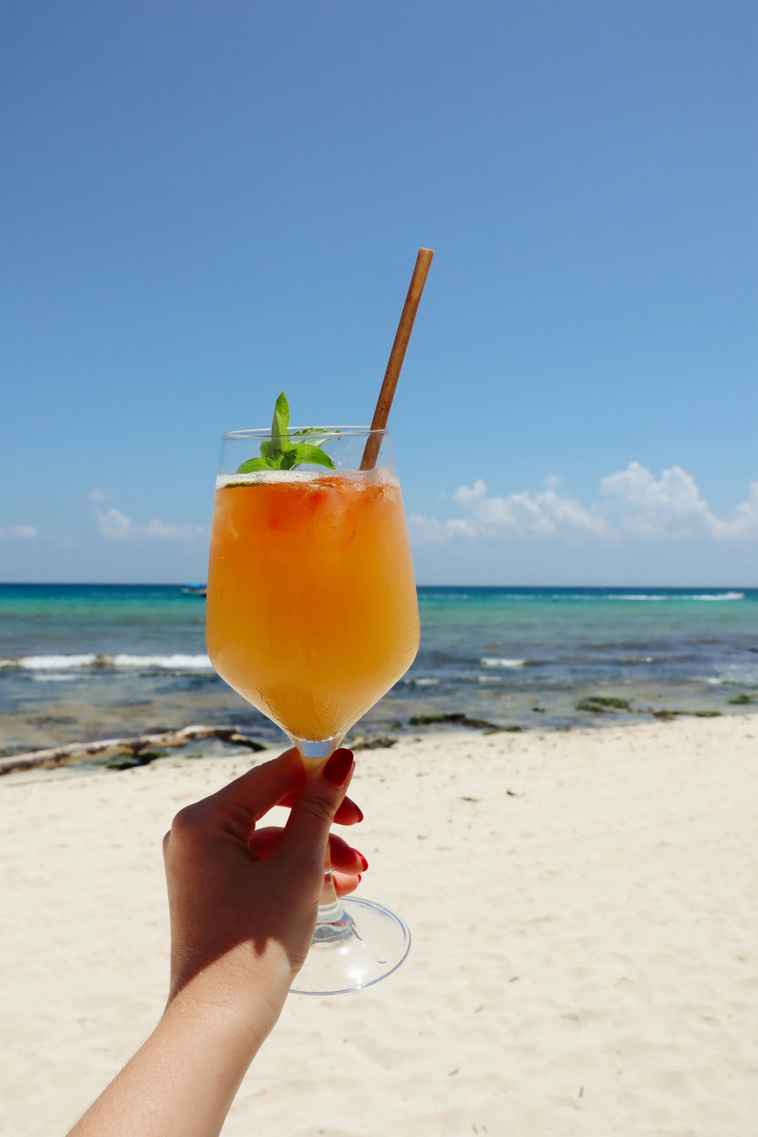 Refreshing tropical cocktail overlooking the Caribbean Sea