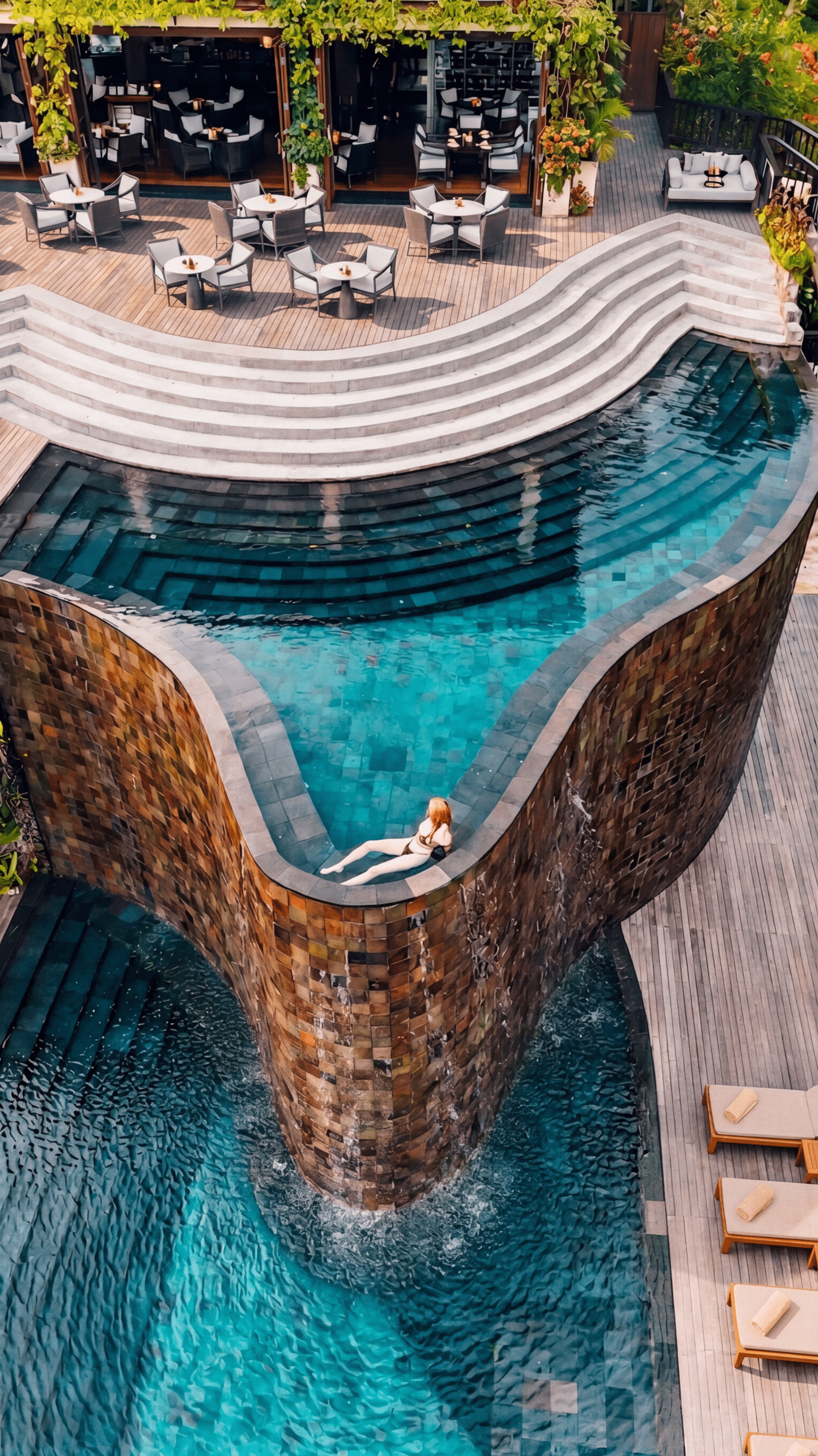 The legendary multi-level infinity pool blends seamlessly into the surrounding rainforest creating one of Bali’s most iconic luxury experiences