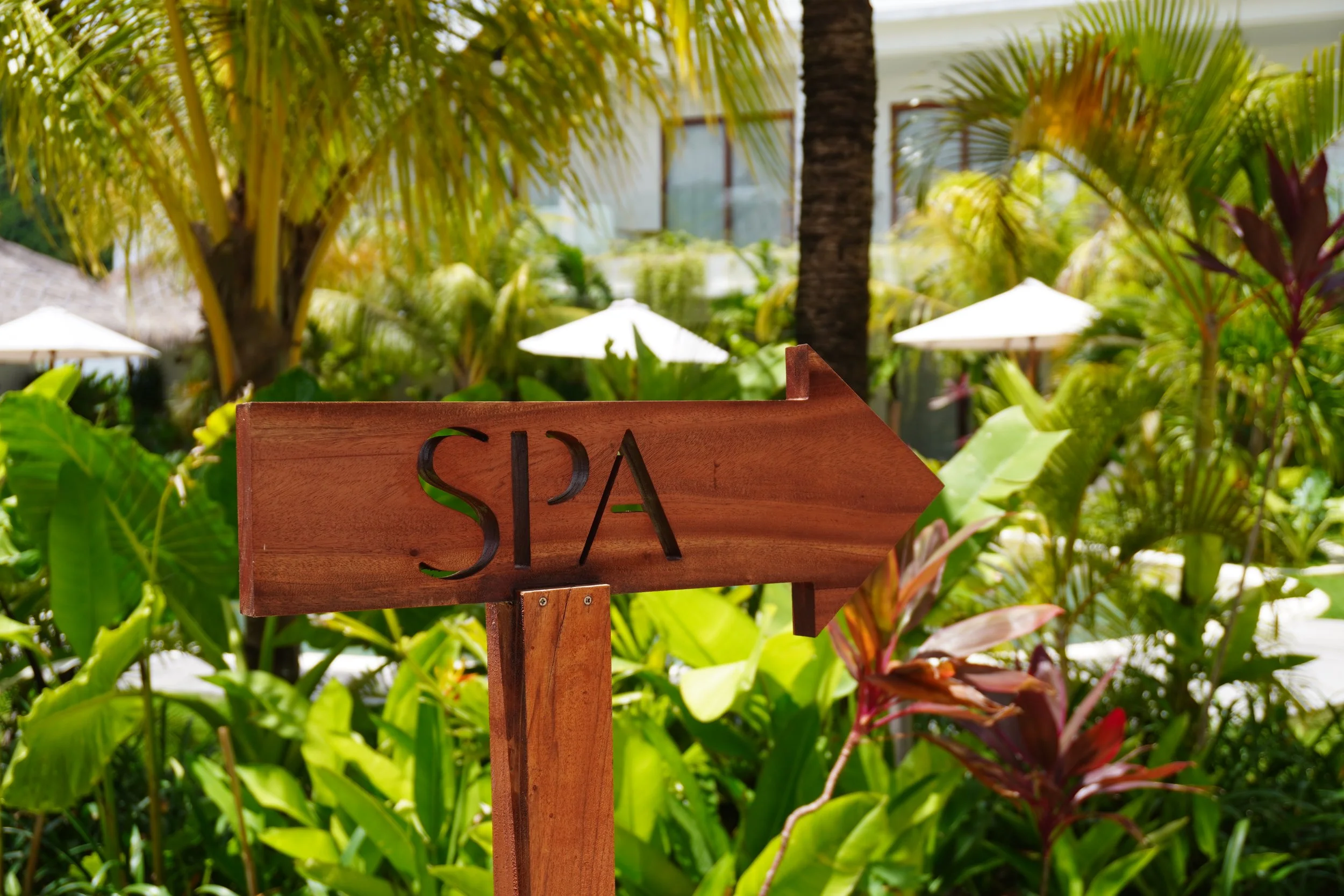 Wooden spa sign surrounded by lush tropical gardens and resort landscaping