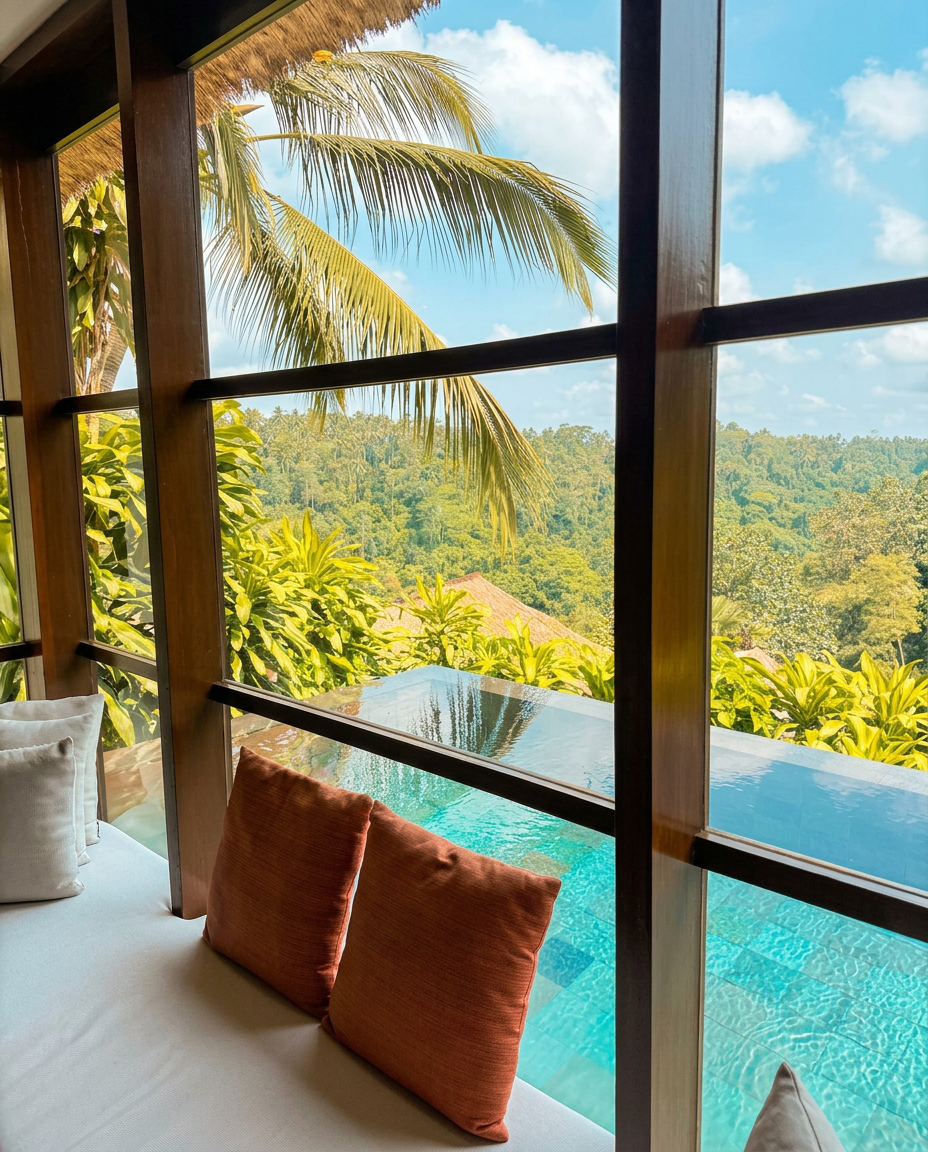 Floor-to-ceiling windows frame a private infinity pool overlooking the lush rainforest from a luxury villa suite