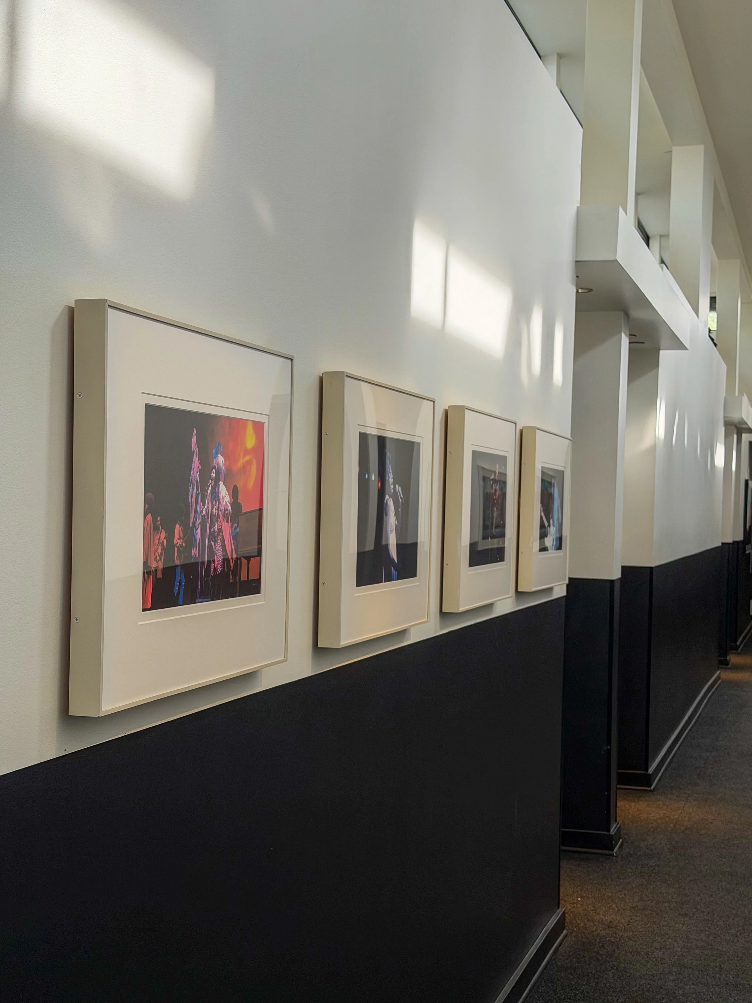 Art-lined hallway showcasing contemporary photography and minimalist interior design