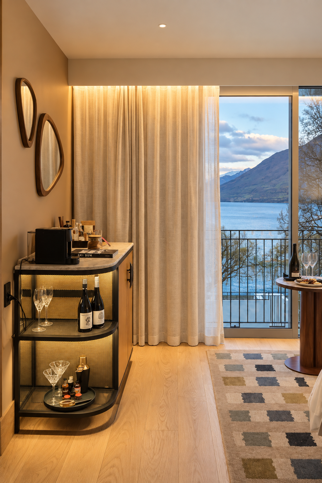 Stylish hotel room with a minibar, warm lighting, and a private balcony overlooking Lake Wakatipu