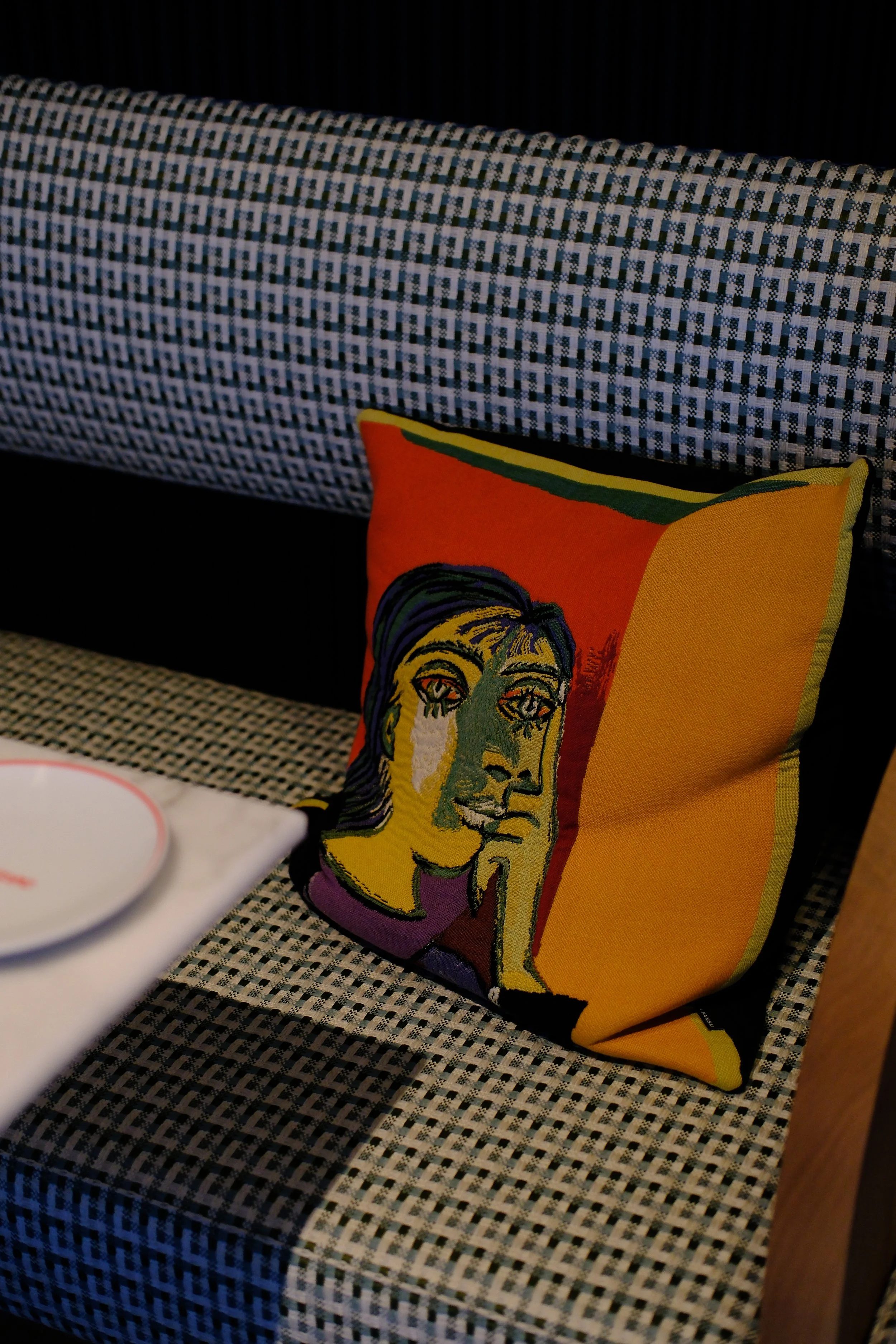 Colourful artistic cushion adding a creative touch to the contemporary interiors