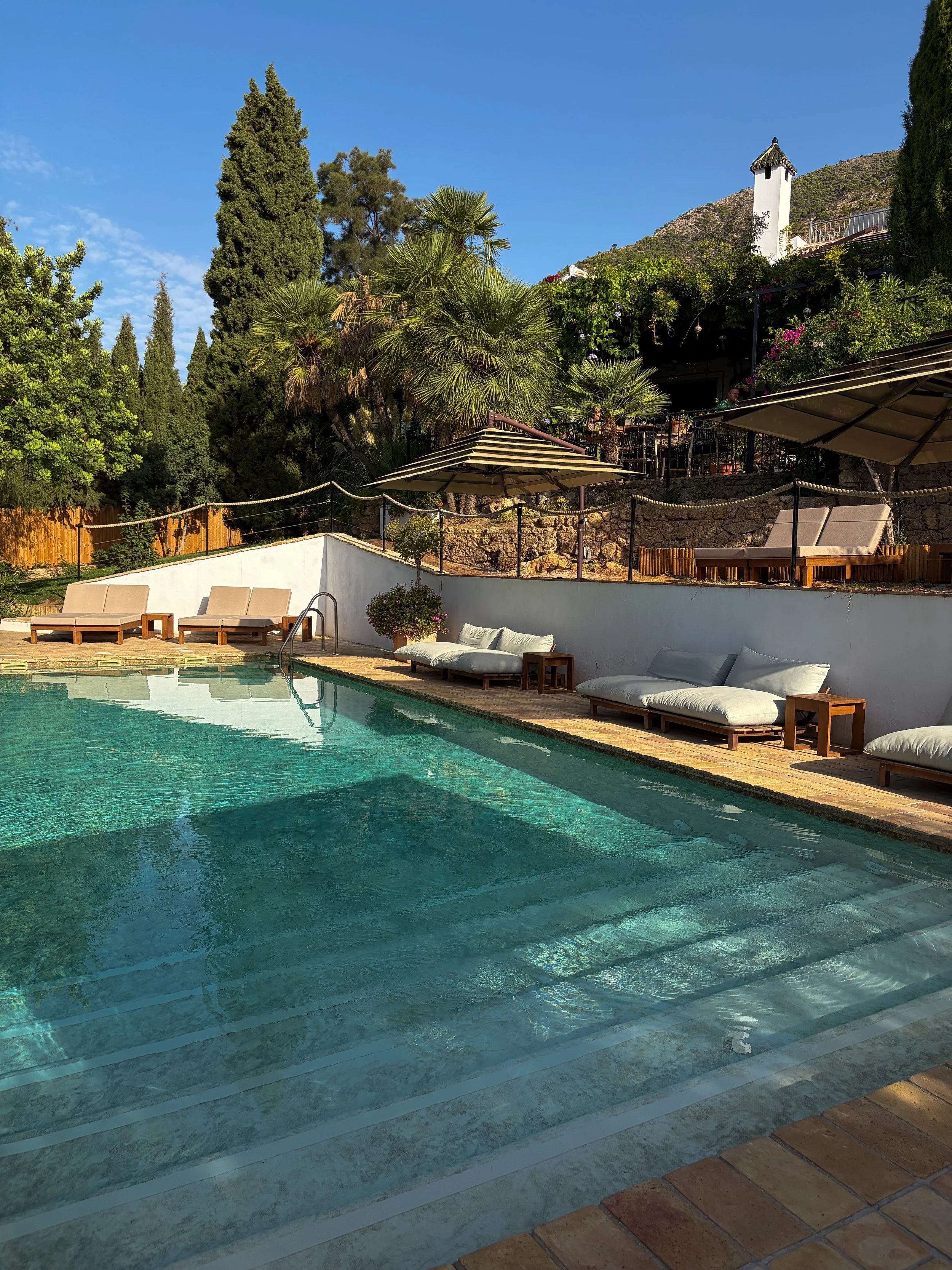 Outdoor swimming pool surrounded by palm trees, sun loungers, and Mediterranean gardens