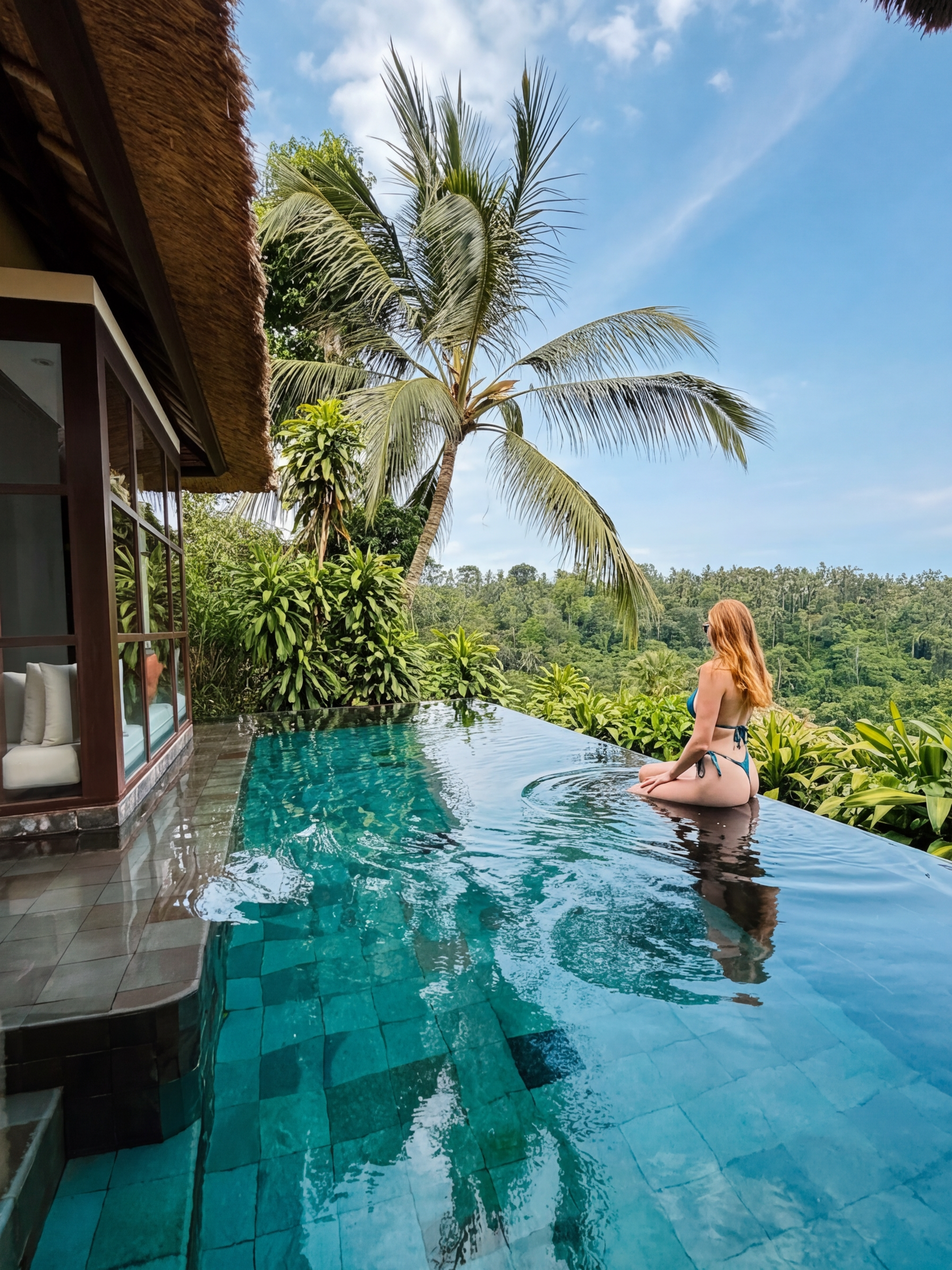 A private infinity pool overlooks Bali’s dense rainforest creating a peaceful retreat above the jungle canopy