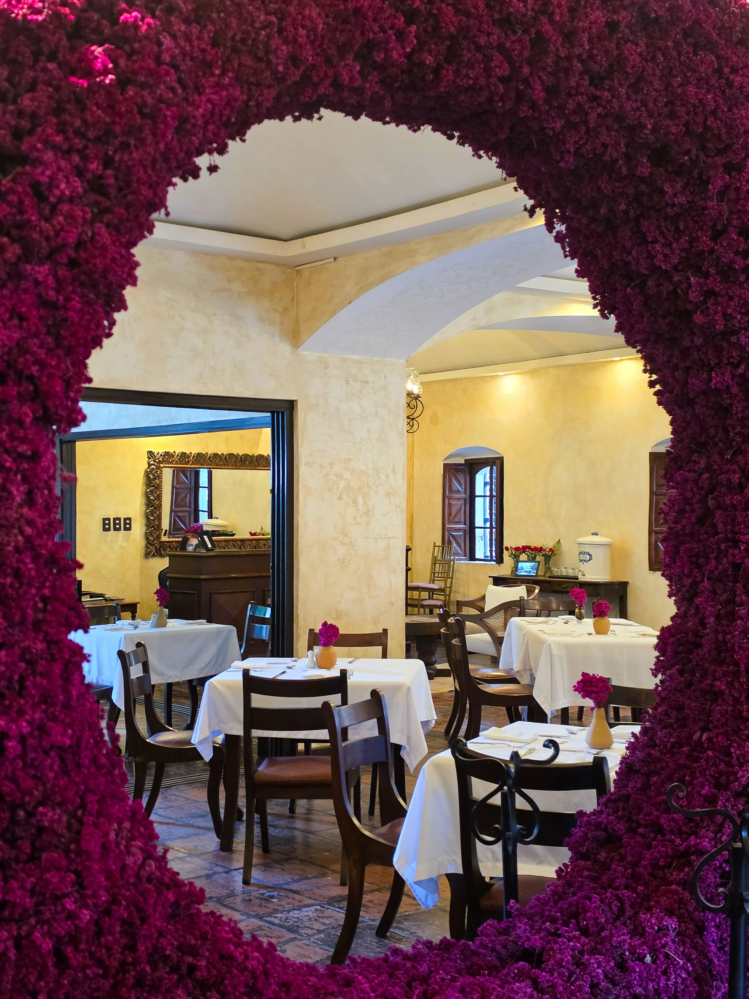 Elegant dining room framed by vibrant bougainvillea blooms