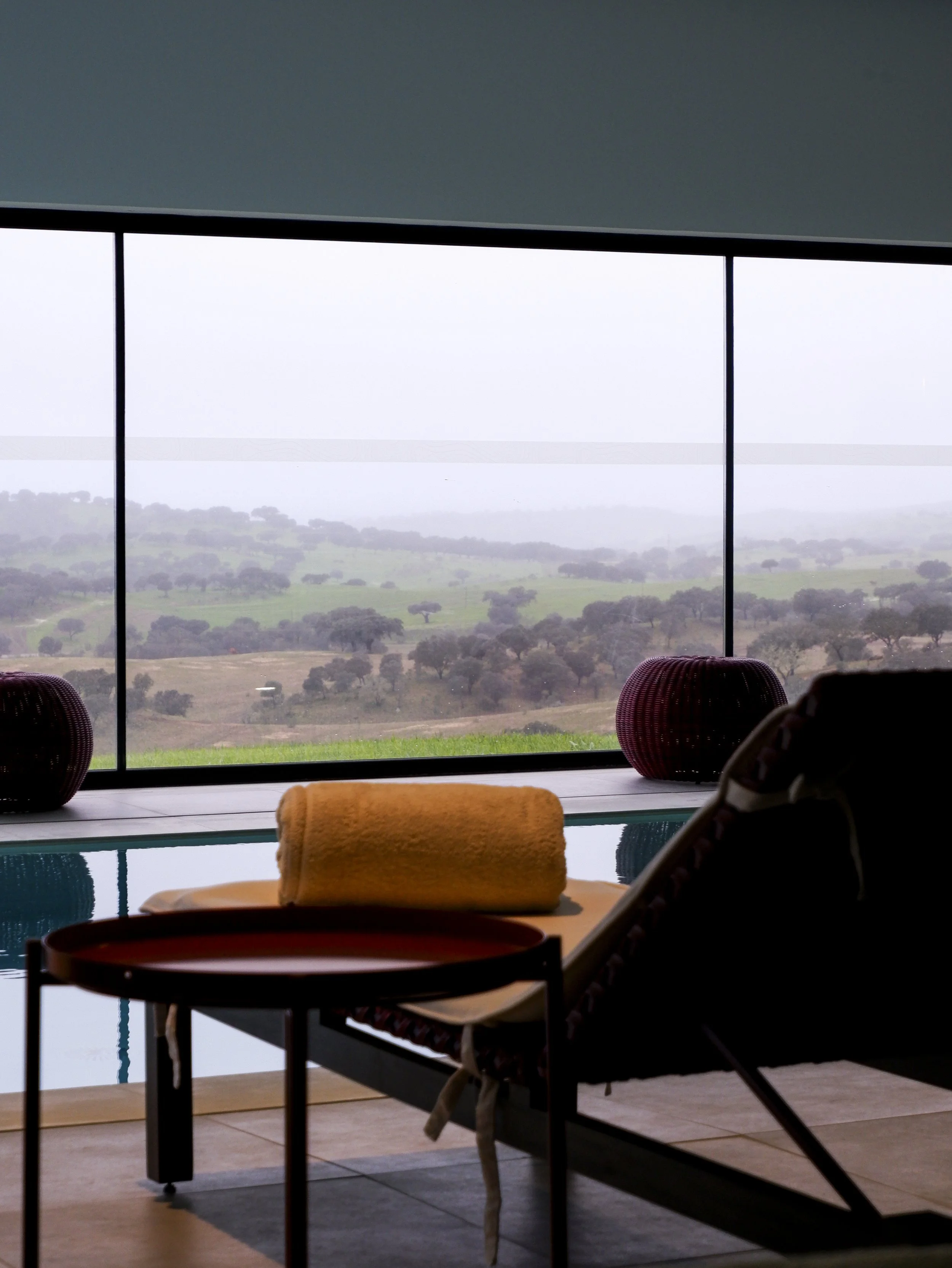 Indoor wellness pool with panoramic countryside views designed for relaxation and tranquility