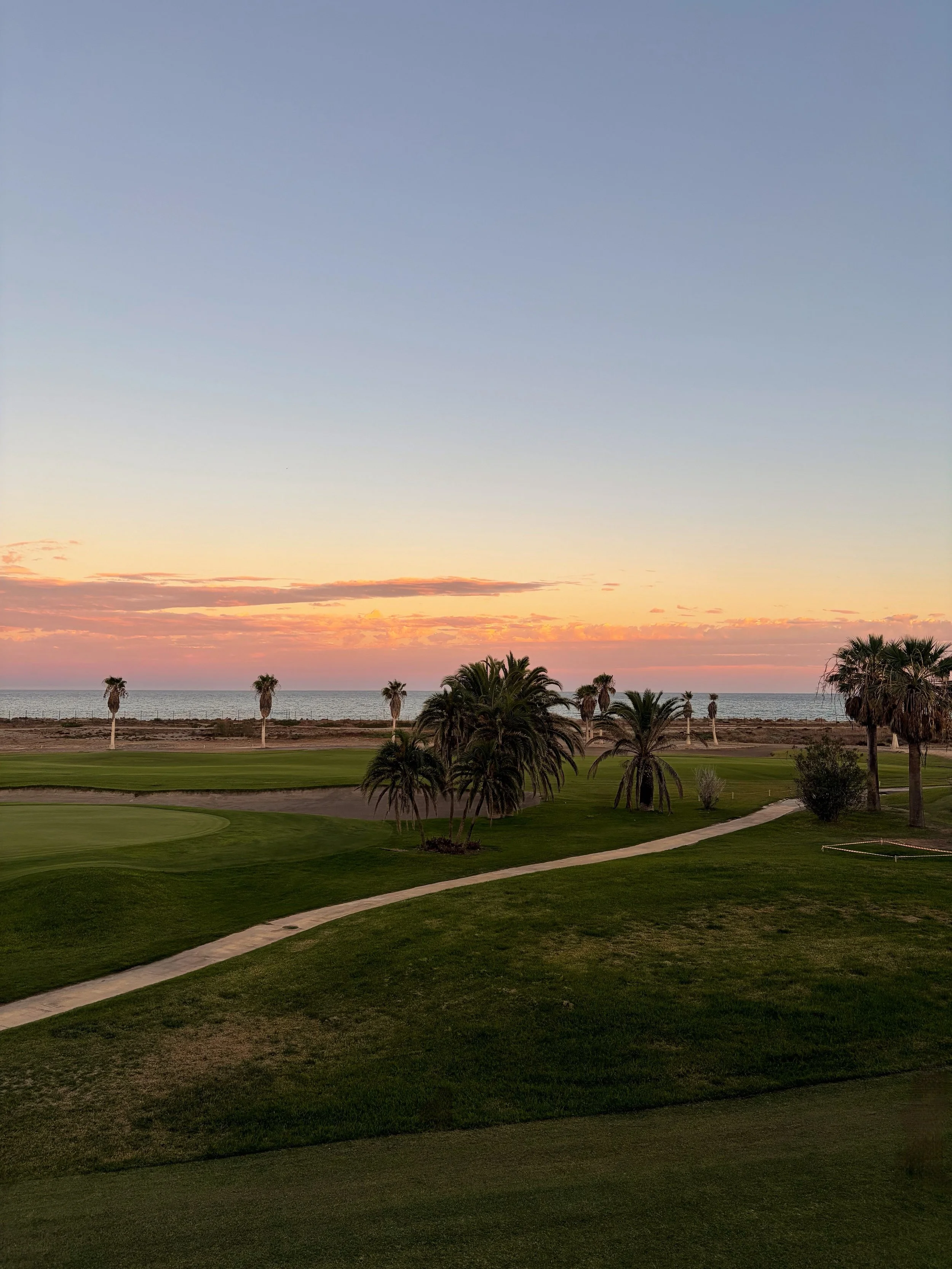 Golf course and palm trees stretching toward the Mediterranean at sunset
