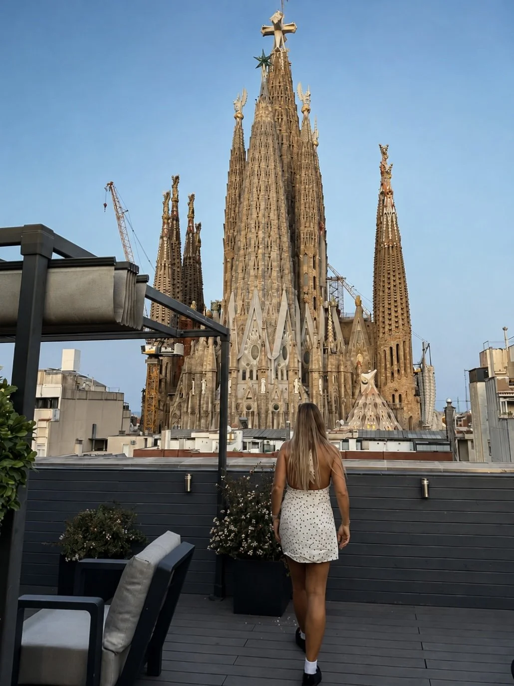 Evening rooftop views facing the magnificent Sagrada Família basilica