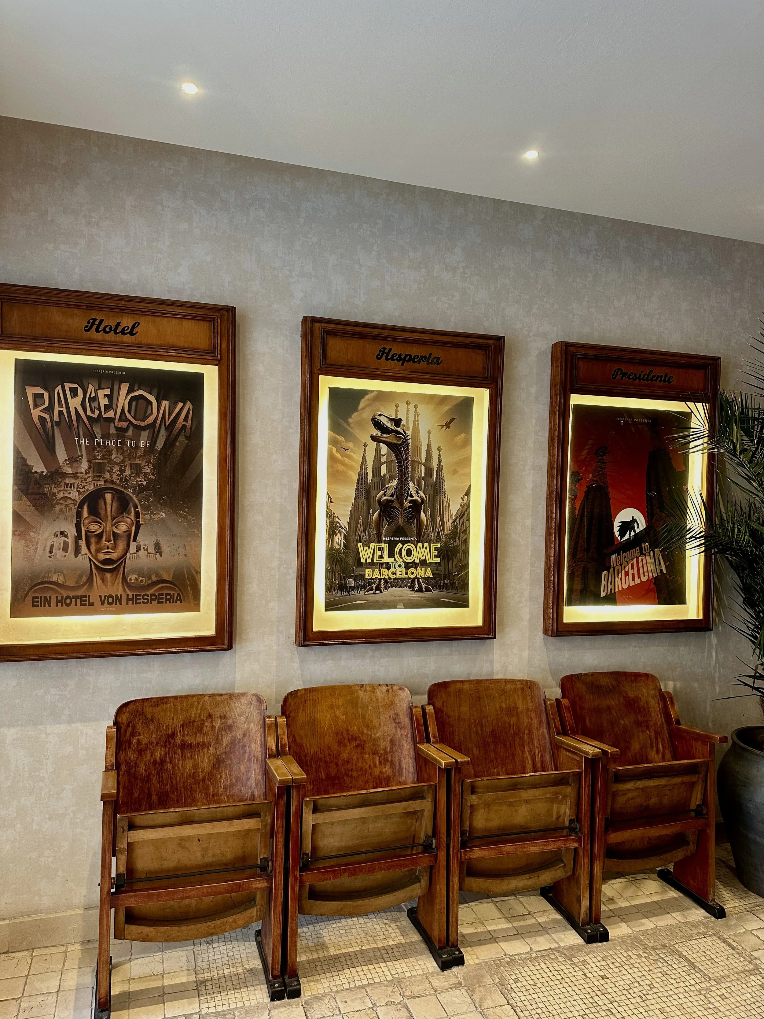 Vintage cinema-inspired décor celebrating Barcelona throughout the lobby