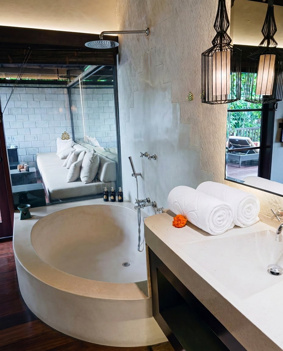 An elegant villa bathroom features a freestanding soaking tub, handcrafted finishes, and contemporary tropical design